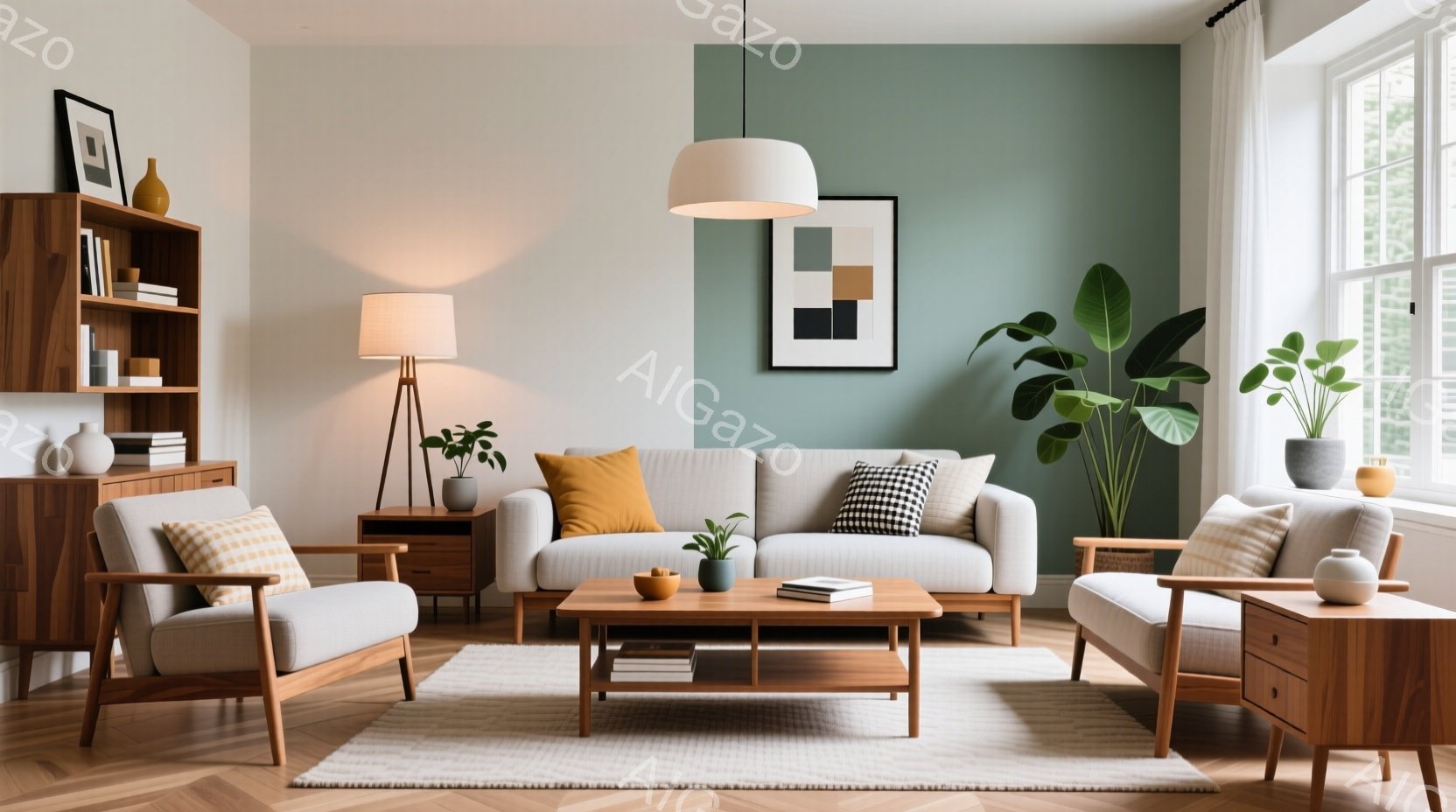 明るいリビングルームには、木製の家具とクリーム色のソファが配置され、緑色のアクセントウォールが特徴的です。 観葉植物が室内に自然な雰囲気をもたらし、全体的に暖かく、落ち着いた空間を作り出しています。  - AI生成フリー素材