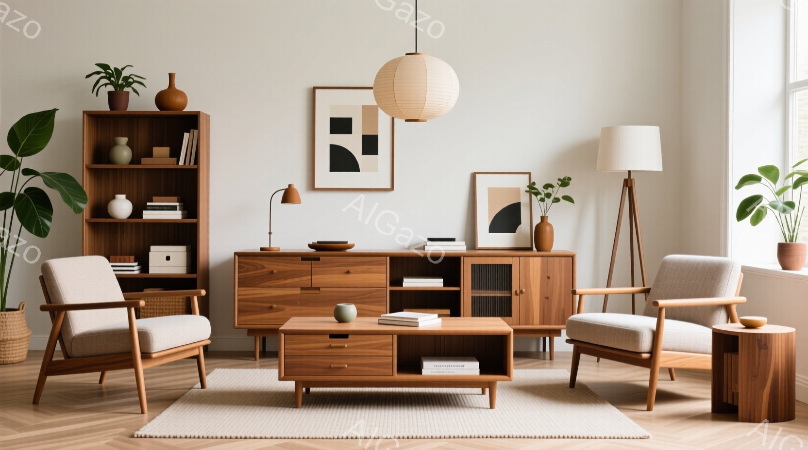 明るいリビングルームには、木製のキャビネットや椅子、テーブルが配置されています。壁には抽象的なアートが飾られ、床には淡い色のラグが敷かれています。全体的に暖色系の色調で統一されており、植物がアクセント - AI生成フリー素材
