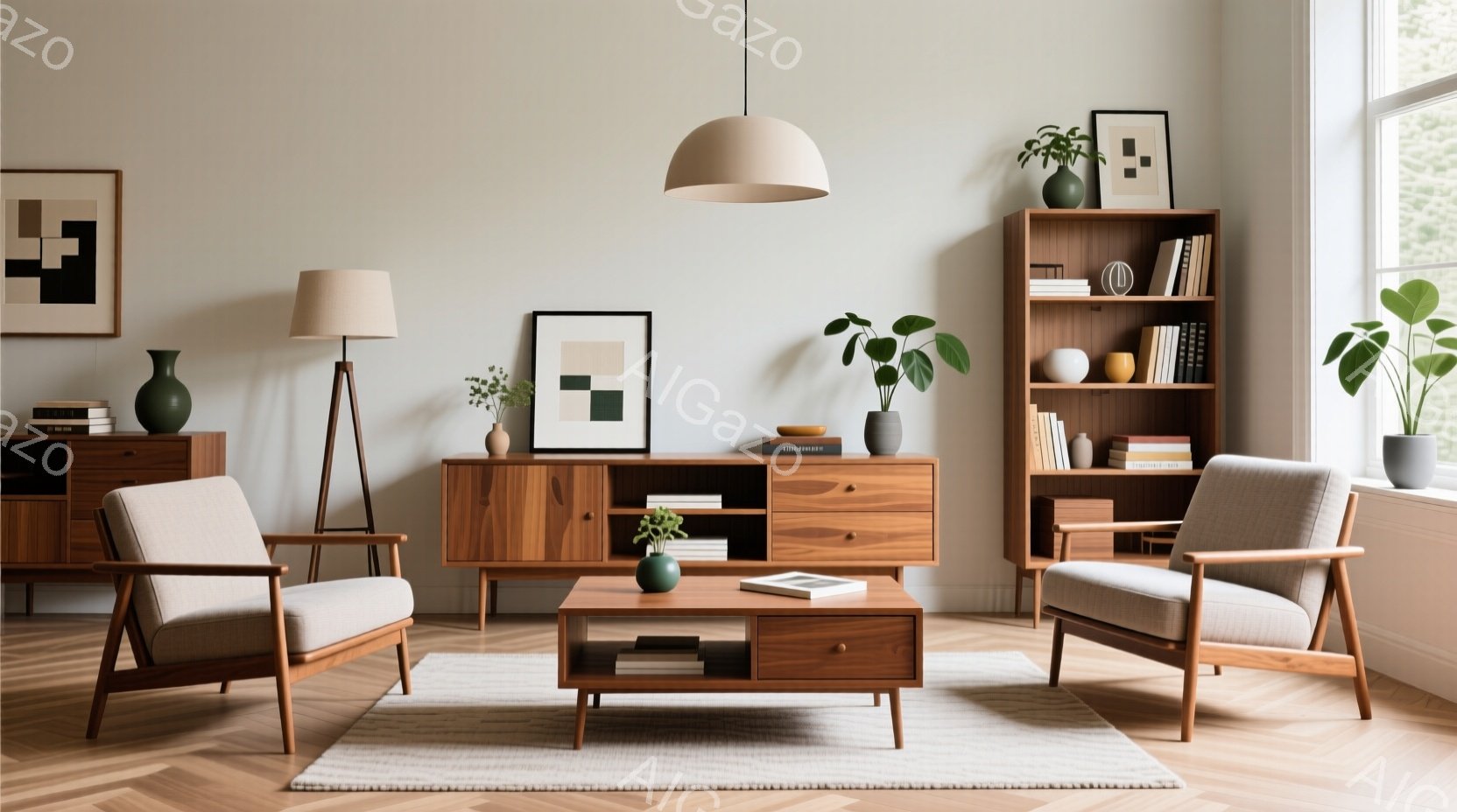 明るいリビングルームの様子で、木のフローリングにベージュのラグが敷かれている。サイドボードや本棚、アームチェアなど、木の家具が配置され、観葉植物やアート作品がアクセントになっている。全体的に暖かく落ち - AI生成フリー素材