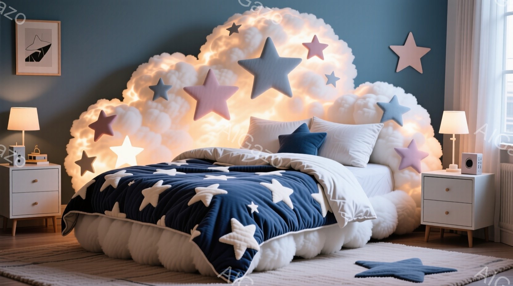 深い青色の壁を背景に、星の装飾が施された寝室が描かれています。ベッドヘッドはふわふわの雲のような形で、暖色系のライトが優しく照らされており、ロマンチックで夢のような雰囲気を醸し出しています。ネイビーブルーの星柄のベッドカバーとクッションが、部屋全体に統一感をもたらし、居心地の良い空間を作り出しています。