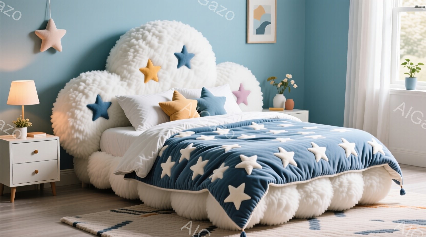 明るい青色の壁を背景に、雲のようなふわふわしたヘッドボードとフリンジ付きの紺色の星柄のベッドカバーが印象的な寝室です。ベッドには、星形のクッションやオレンジ色のクッションが配置され、白とベージュの幾何学模様の絵画が壁にかかっています。 全体的に、夢のような、温かく居心地の良い雰囲気を醸し出しています。