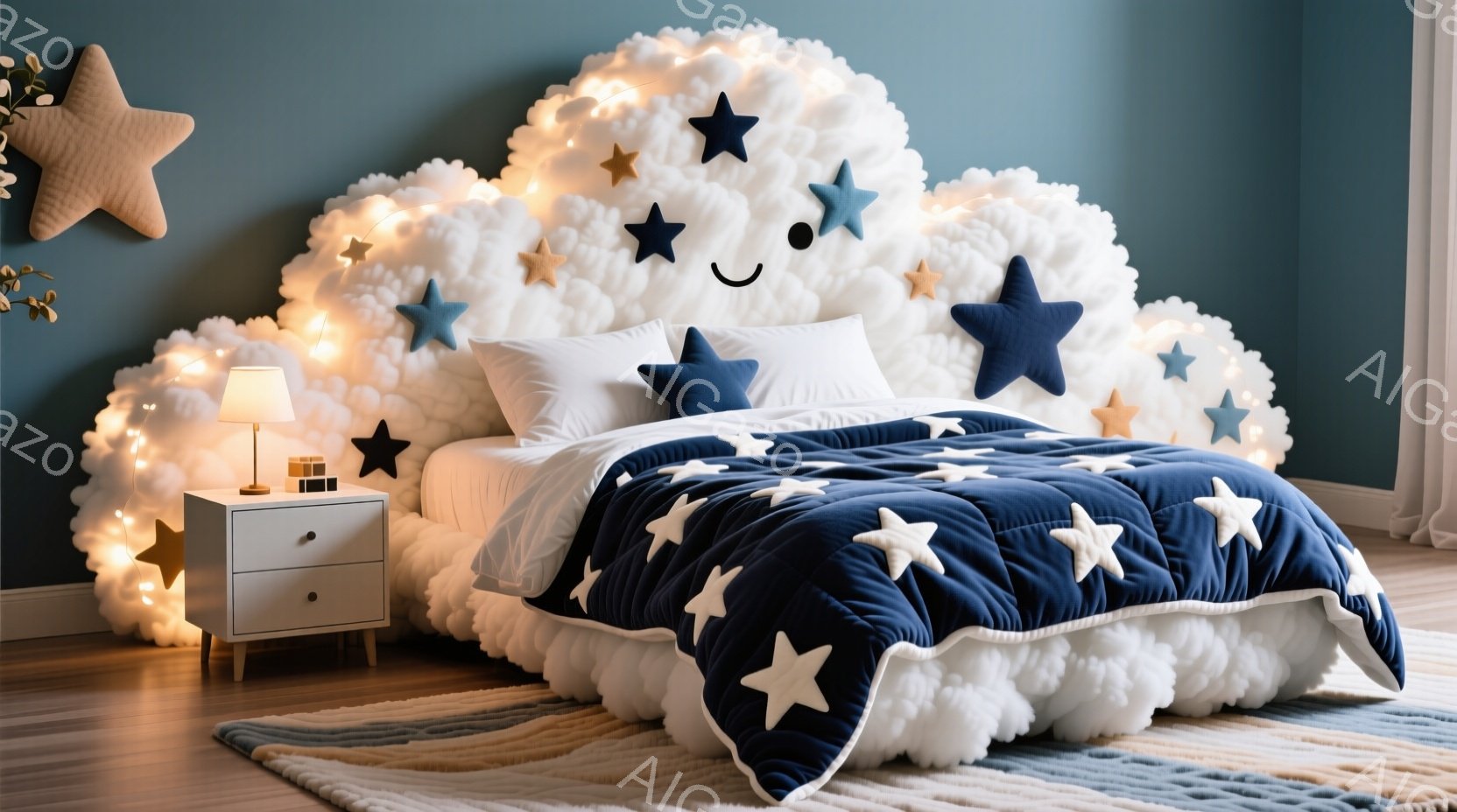 紺色の壁を背景に、雲を模したヘッドボードと星柄のキルトが印象的なベッドルームです。暖色系の間接照明と星形の装飾が、夢のような雰囲気を醸し出しています。白と青を基調とした部屋全体が、穏やかで安らぎに満ちた空間を作り出しています。