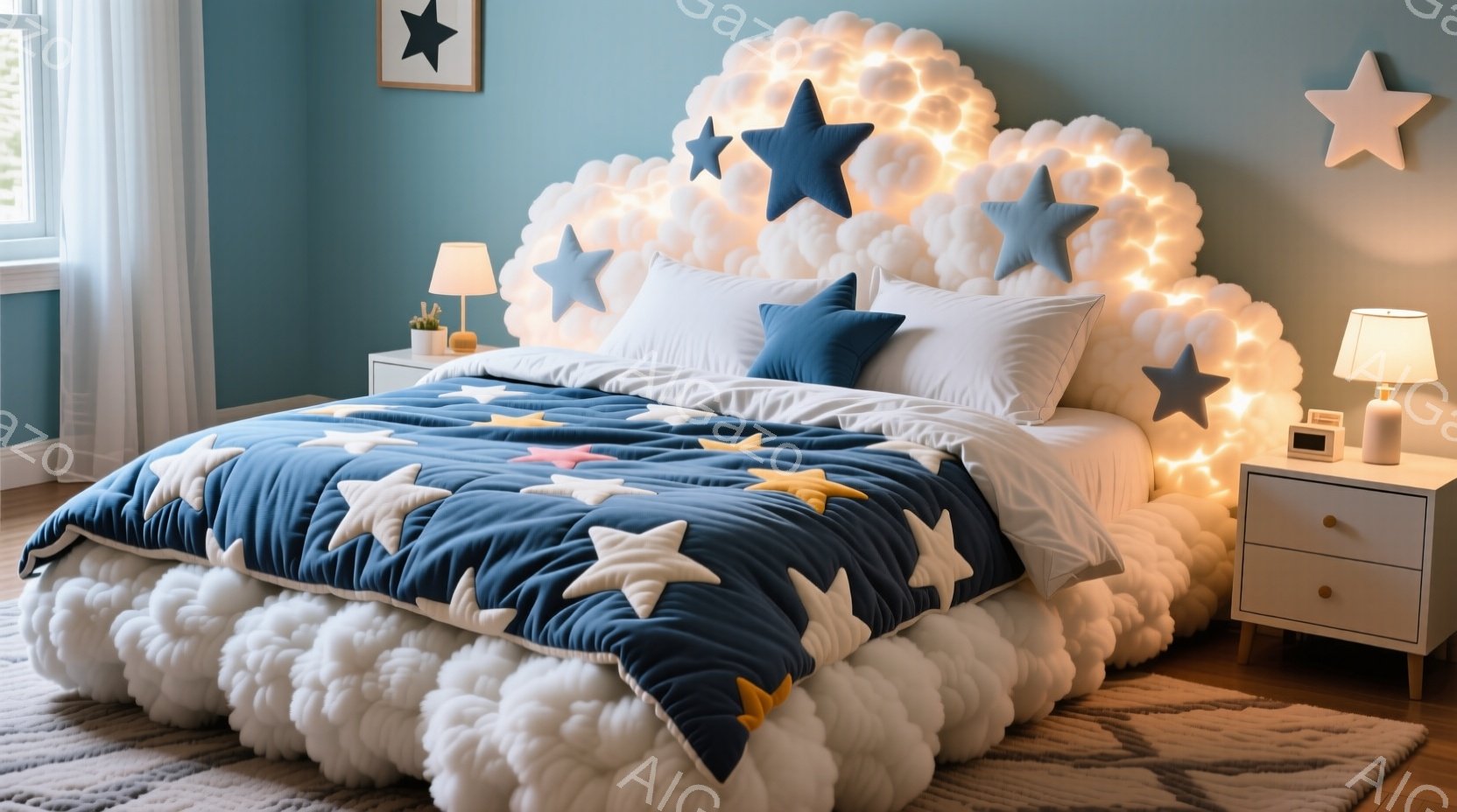 鮮やかなブルーの壁を背景に、雲のようなふわふわの白い装飾がベッドのヘッドボードを覆っています。ベッドには紺色の星柄のキルトと複数の星形のクッションが置かれ、温かみのあるライトが雲のような装飾を照らして - AI生成フリー素材