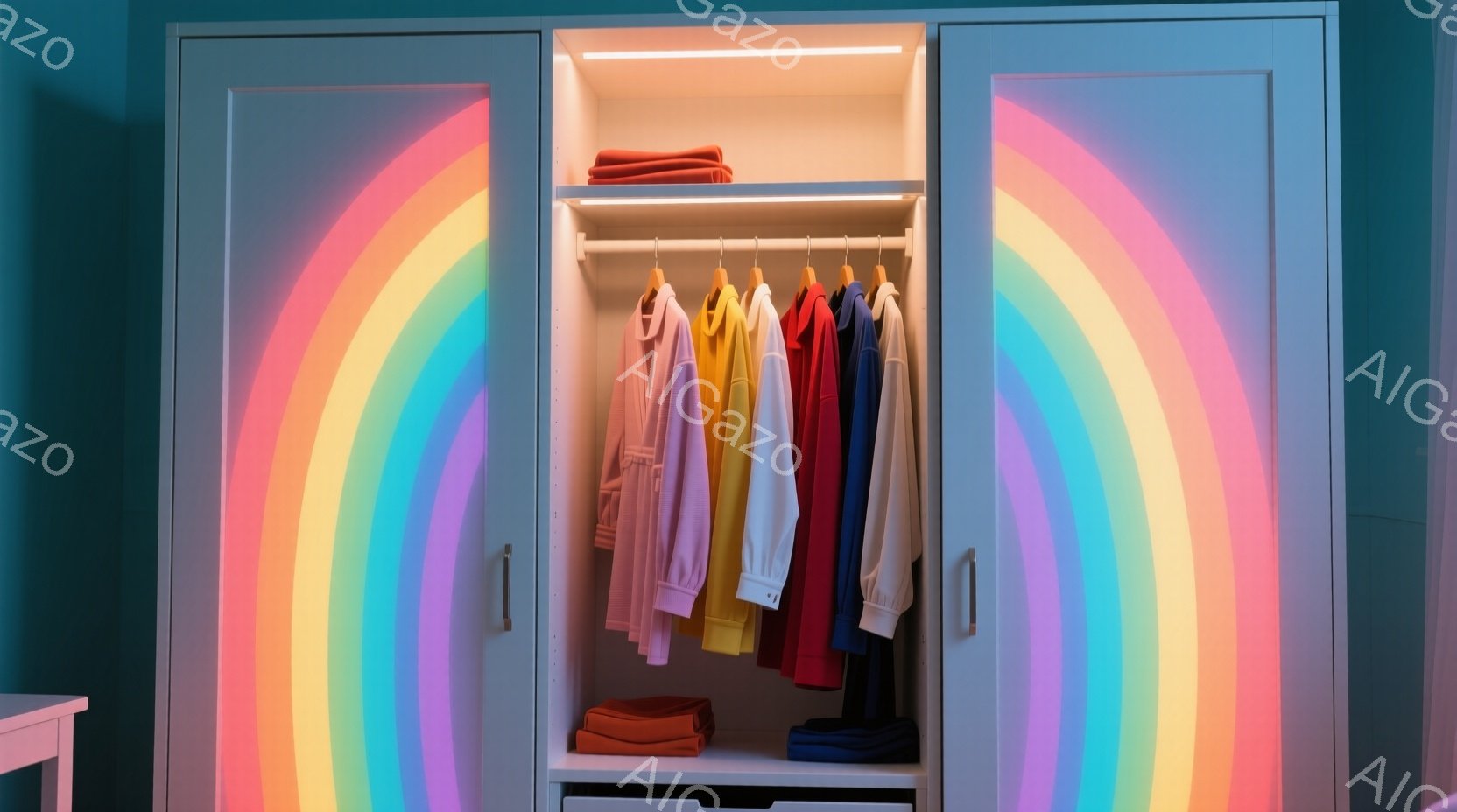 開いた白いクローゼットの中には、オレンジ、黄色、ピンク、赤、紫といった様々な色のスウェットシャツが並んで吊るされています。下段にはオレンジ色のスウェットシャツが畳んで置かれ、クローゼットの扉には虹色の光が投影されています。全体的に、整理整頓された、明るく、楽しい雰囲気です。