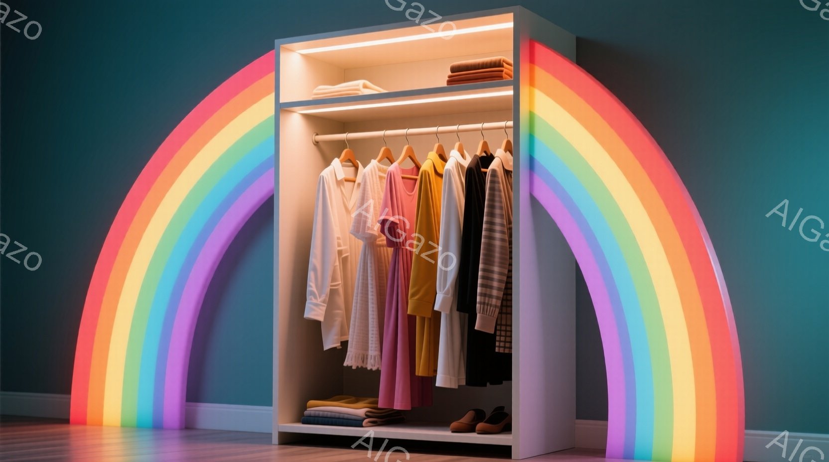 白いクローゼットの中に、ピンク、黄色、黒などのカラフルなドレスやブラウスが吊るされています。下段には畳まれたセーターや靴が並び、全体的に明るく、整理整頓された印象を与えます。背景はターコイズブルーで、クローゼットの周りを虹色の光が囲み、遊び心があり、モダンな雰囲気を醸し出しています。