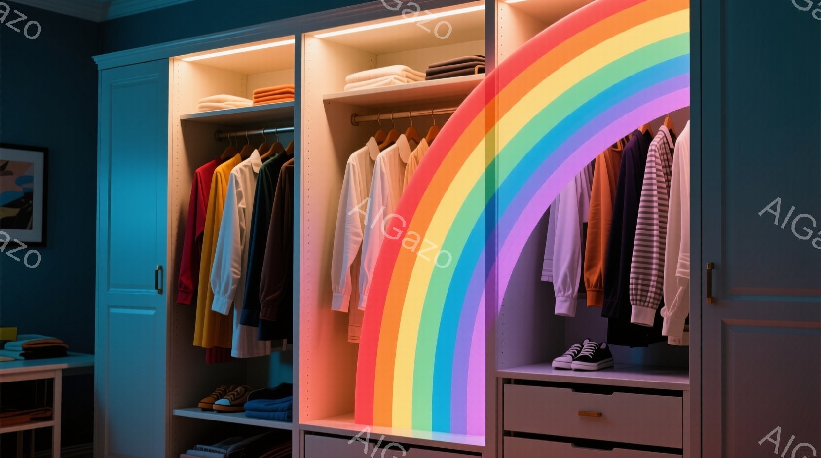 薄い水色のクローゼットの中には、様々な色の服がハンガーに掛けられています。クローゼットの壁には、虹色の光がアーチ状に広がっており、明るい雰囲気を作り出しています。下段には靴や収納ボックスが並べられており、整頓された空間が印象的です。