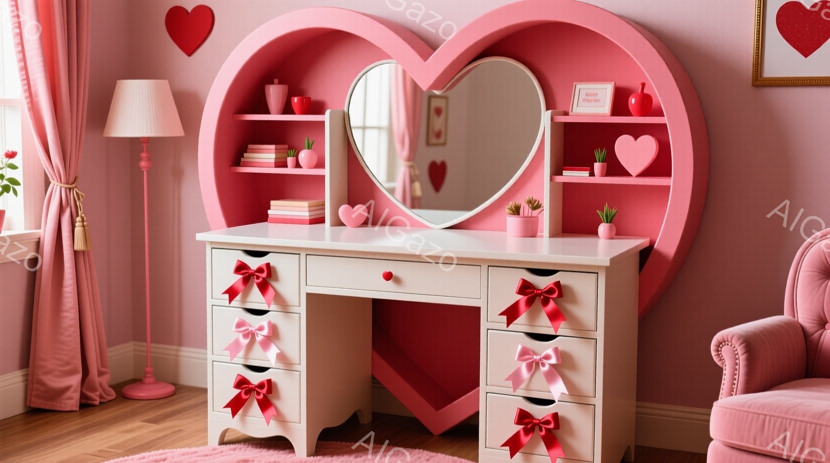 ピンクを基調とした可愛らしい部屋の中に、ハート型の大きなドレッサーが置かれています。ドレッサーの上には化粧品やアクセサリー、可愛らしい置物が飾られており、引き出しには赤いリボンがついています。全体的に暖かく、甘い雰囲気が漂う、女の子の部屋のようです。