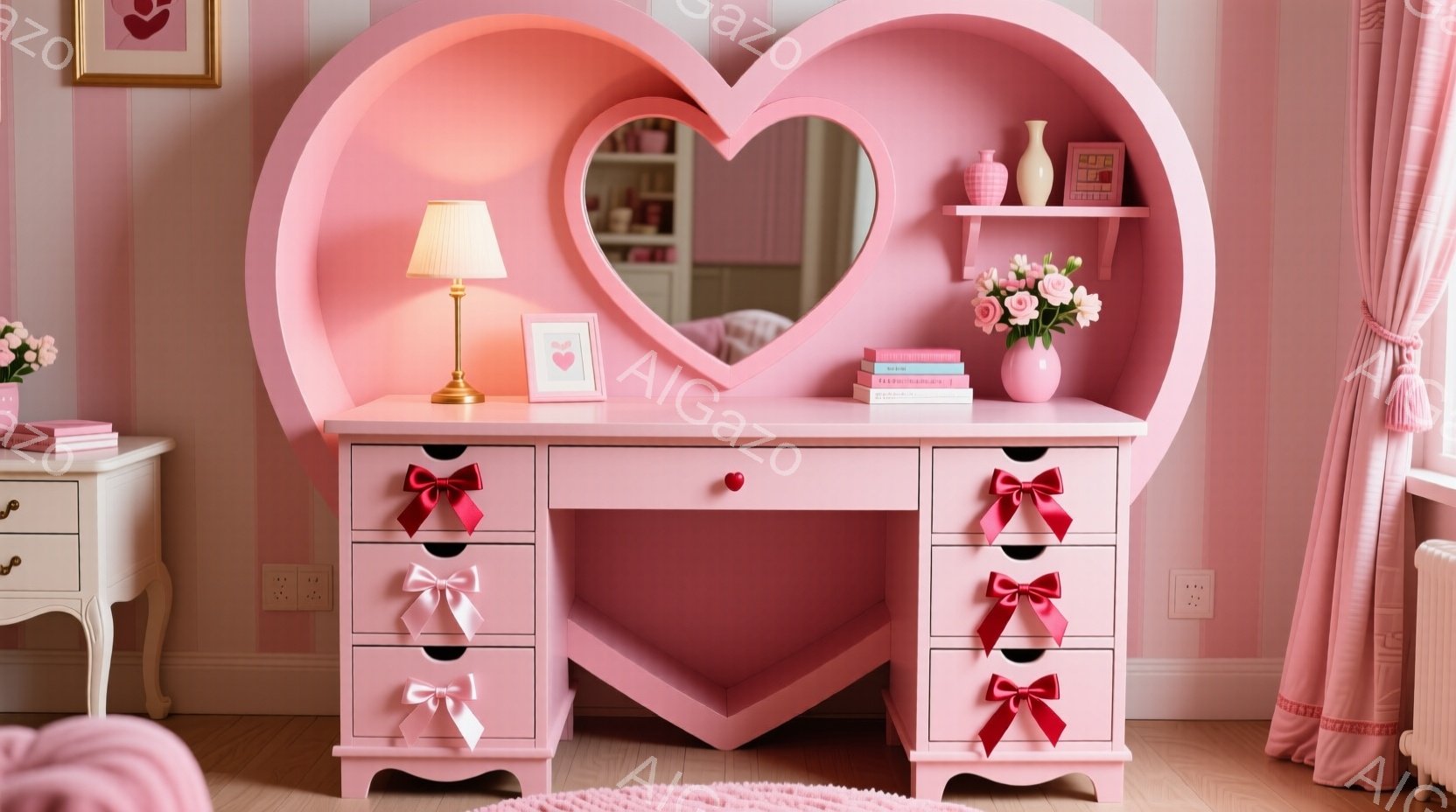 明るいピンクを基調とした部屋の中に、ハート型のドレッサーが置かれています。ドレッサーの上には、ピンクの花束、ランプ、写真立てが飾られており、引き出しには可愛らしいリボンが結ばれています。全体的に甘く、夢のような雰囲気で、女の子の部屋として最適です。