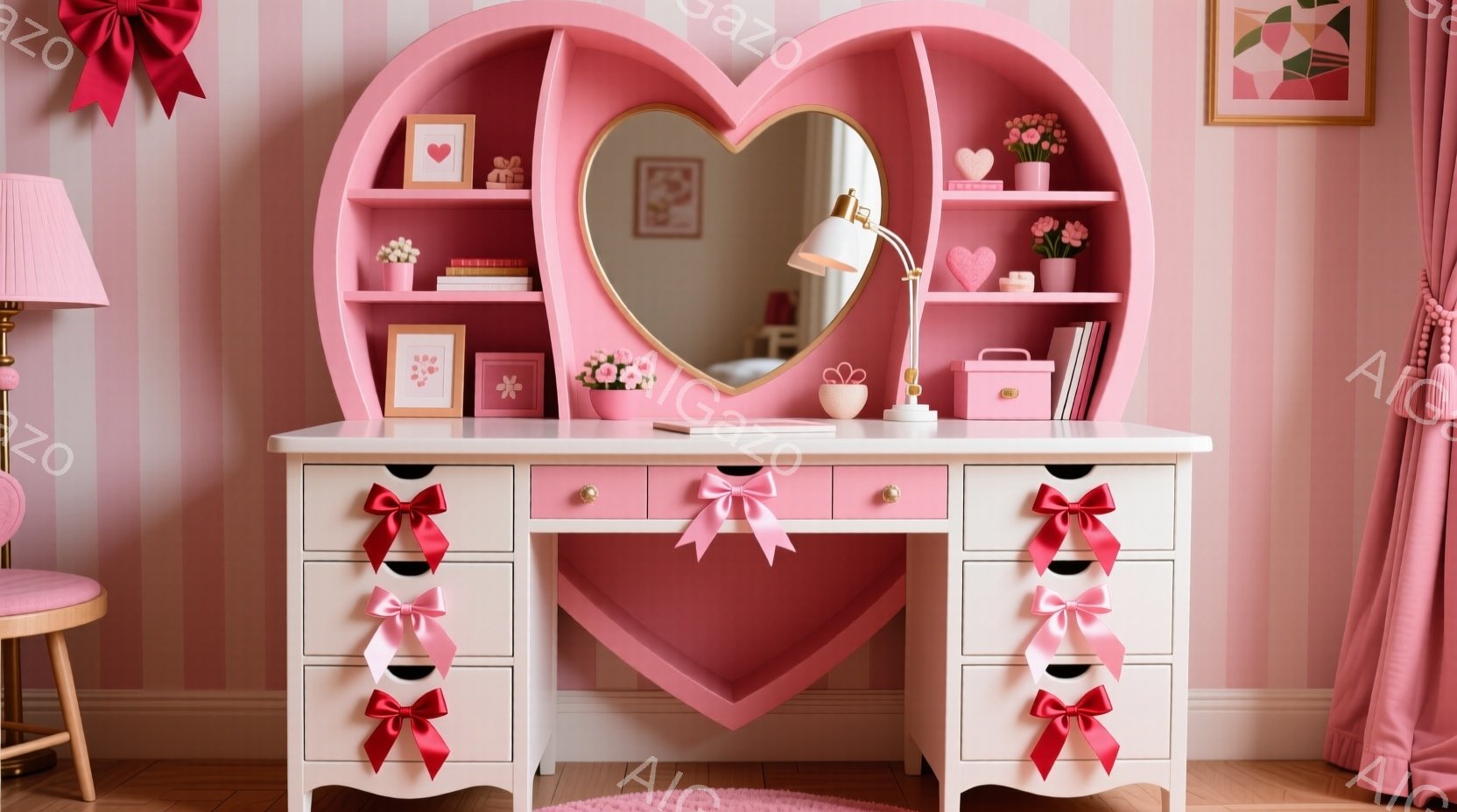 明るいピンクを基調としたドレッサーが部屋の中央にあります。ドレッサーには、小さな引き出しが並び、それぞれにピンクのリボンが結ばれています。背景には、ピンクと白のストライプの壁紙と、可愛らしい小物が飾られた棚が見え、全体的に甘くて可愛らしい雰囲気が漂っています。