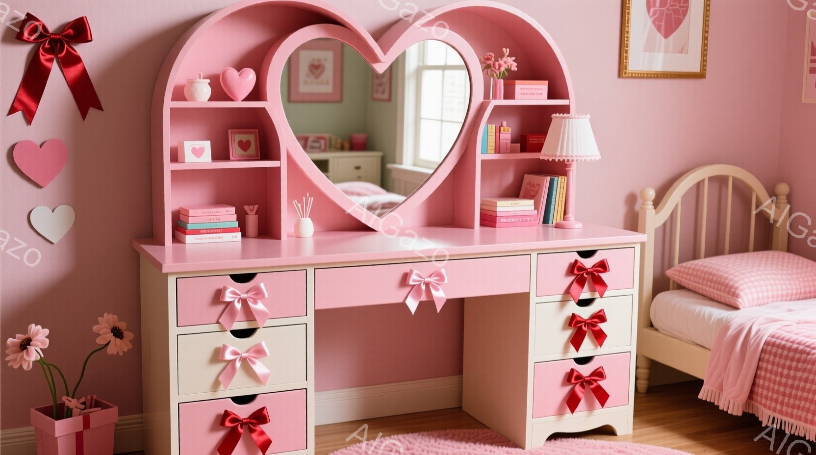 明るいピンク色のドレッサーが部屋の中央にあります。ドレッサーには赤いリボンが付いた引き出しが複数あり、上部にはハート型の装飾と鏡があります。背景には、ピンクのベッドと花が飾られた窓が見え、全体的に甘くて可愛らしい雰囲気です。