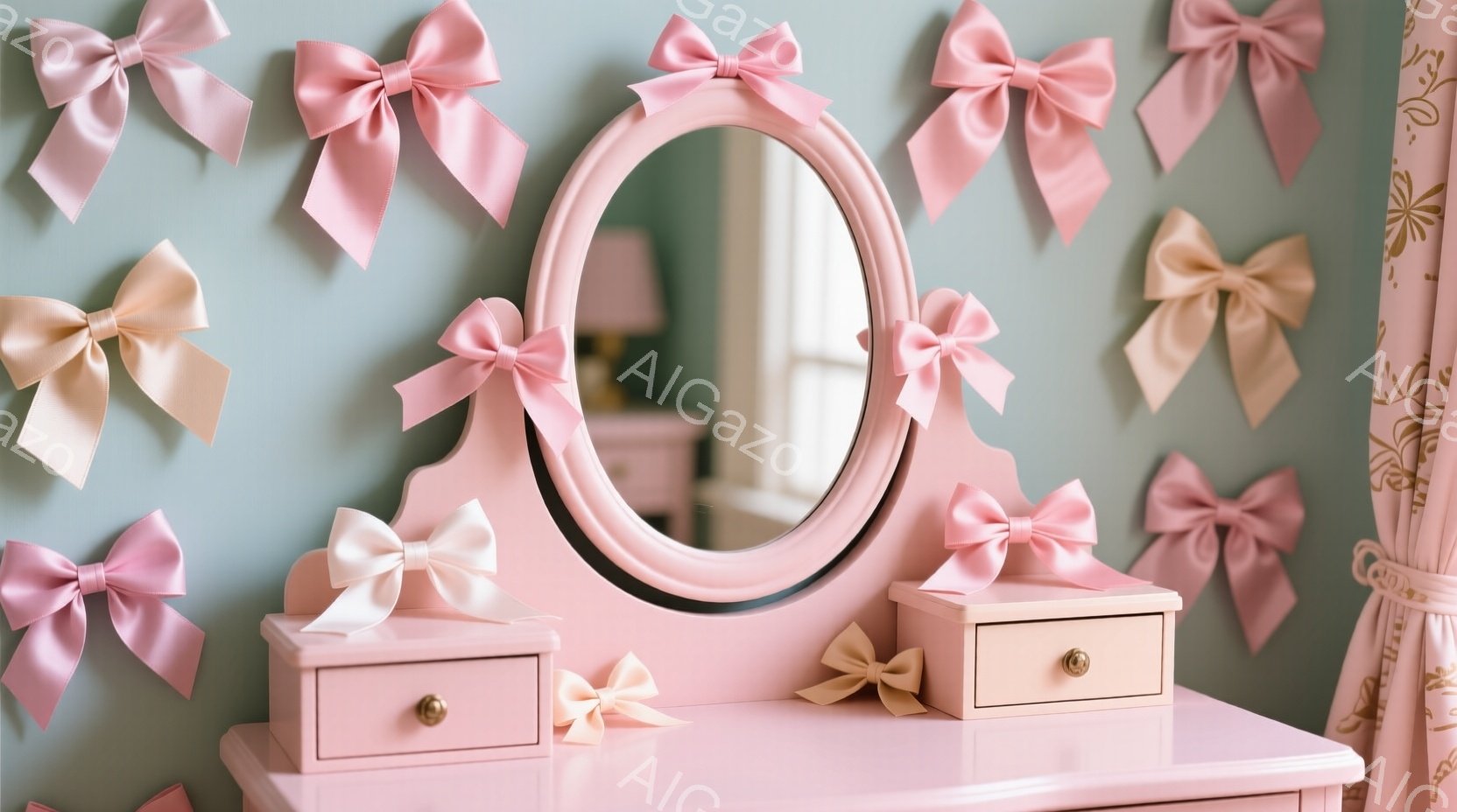 薄いピンク色のドレッサーが写っており、壁には同じ色のリボンが並んでいます。ドレッサーの上には楕円形の鏡と、小さな引き出しが2つ並んだ箱が置かれ、それぞれにリボンがあしらわれています。全体的にパステルカラーで統一されており、可愛らしく優雅な雰囲気が漂っています。