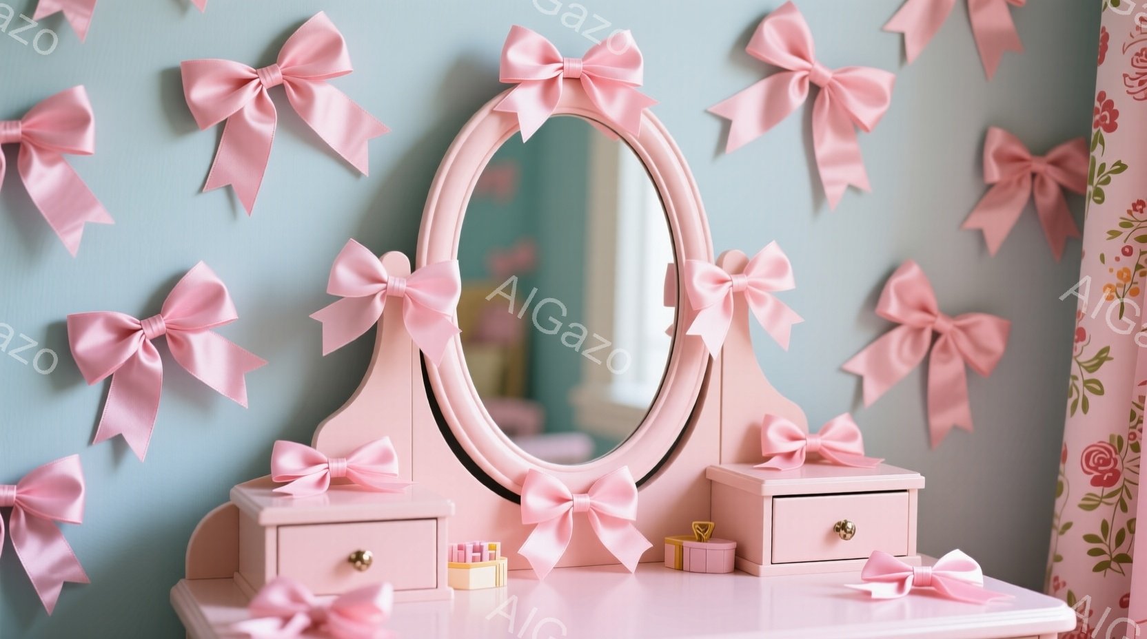 薄いピンク色のドレッサーが部屋の中央にあり、楕円形の鏡が取り付けられています。ドレッサーの上には小さな化粧品や宝石箱が置かれており、壁と部屋全体が、様々な大きさのピンクのリボンで飾られています。全体的に、甘く、夢のような、女性らしい雰囲気が漂っています。