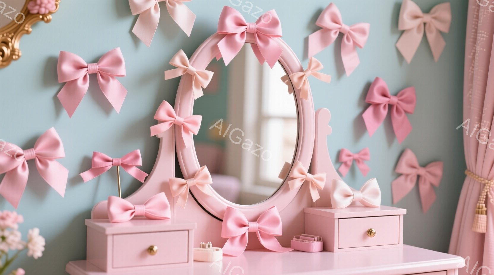 淡いピンク色のドレッサーと鏡が、無数のリボンで飾られた壁の前にある部屋の様子が描かれている。ドレッサーの上には化粧品やアクセサリーが置かれ、全体的にパステルカラーで統一された、可愛らしい雰囲気の空間が演出されている。背景にはレースのカーテンが映り込み、甘くロマンチックな印象を与えている。