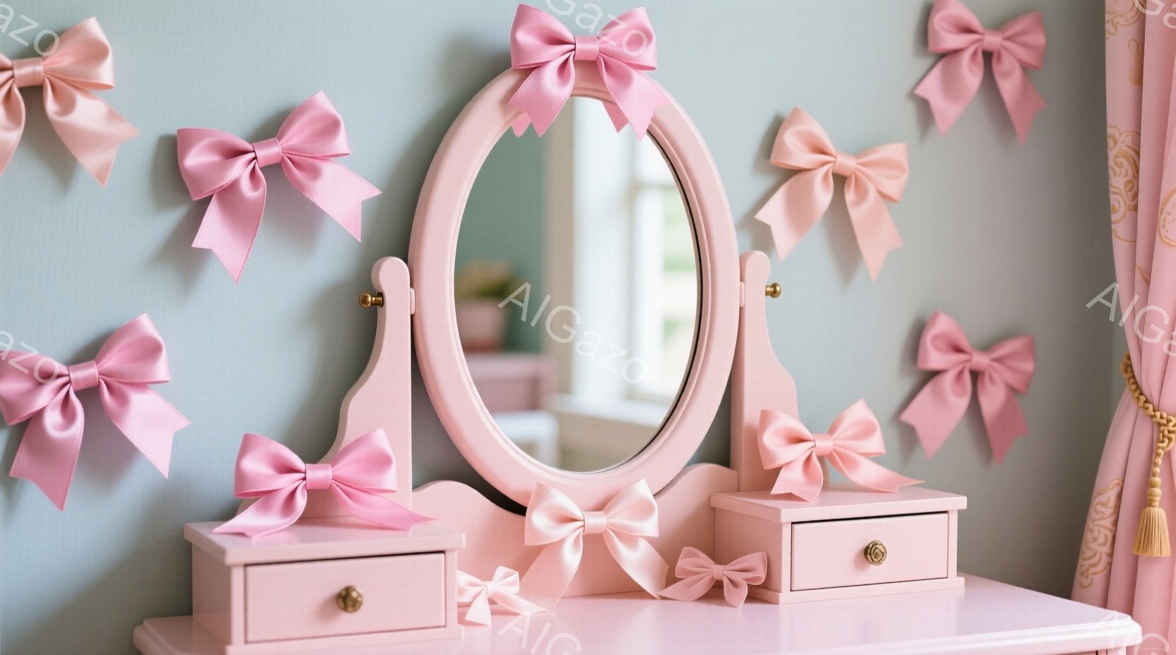 明るいピンク色のドレッサーが、淡い水色の壁を背景に置かれています。ドレッサーの上や周りには、同じピンク色のリボンが装飾として貼り付けられており、可愛らしい雰囲気を醸し出しています。ドレッサーの引き出しには金色の取っ手が付いており、全体的に柔らかく優しい印象を与えます。