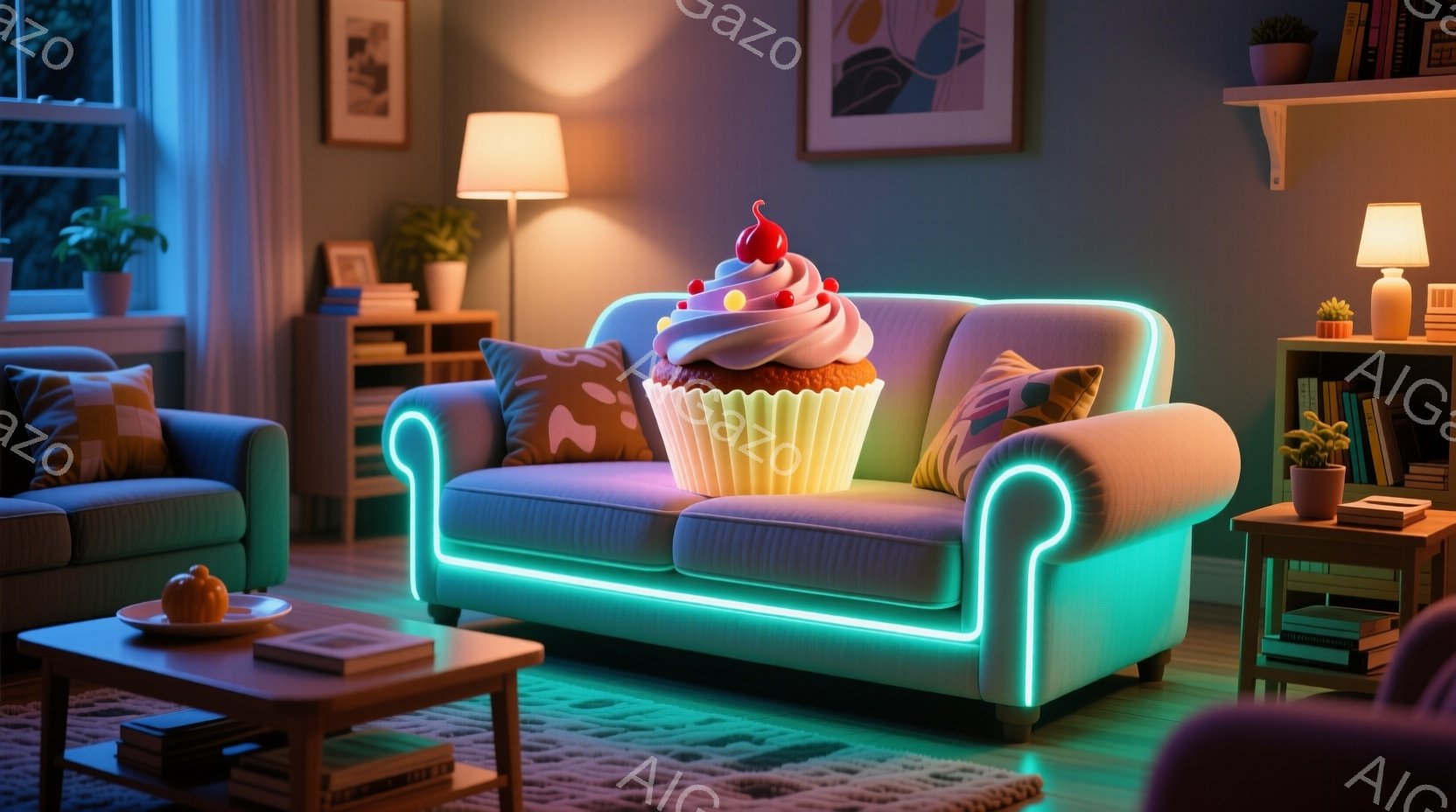 明るいパステルブルーのソファに、大きなクリームと赤いチェリーが乗ったカップケーキが置かれている。リビングルームには、植物、本、ランプ、そして淡い色のカーペットがある。全体的に、夢のような、遊び心のある、そして鮮やかな雰囲気で、ネオンライトのような輪郭が家具を縁取っている。