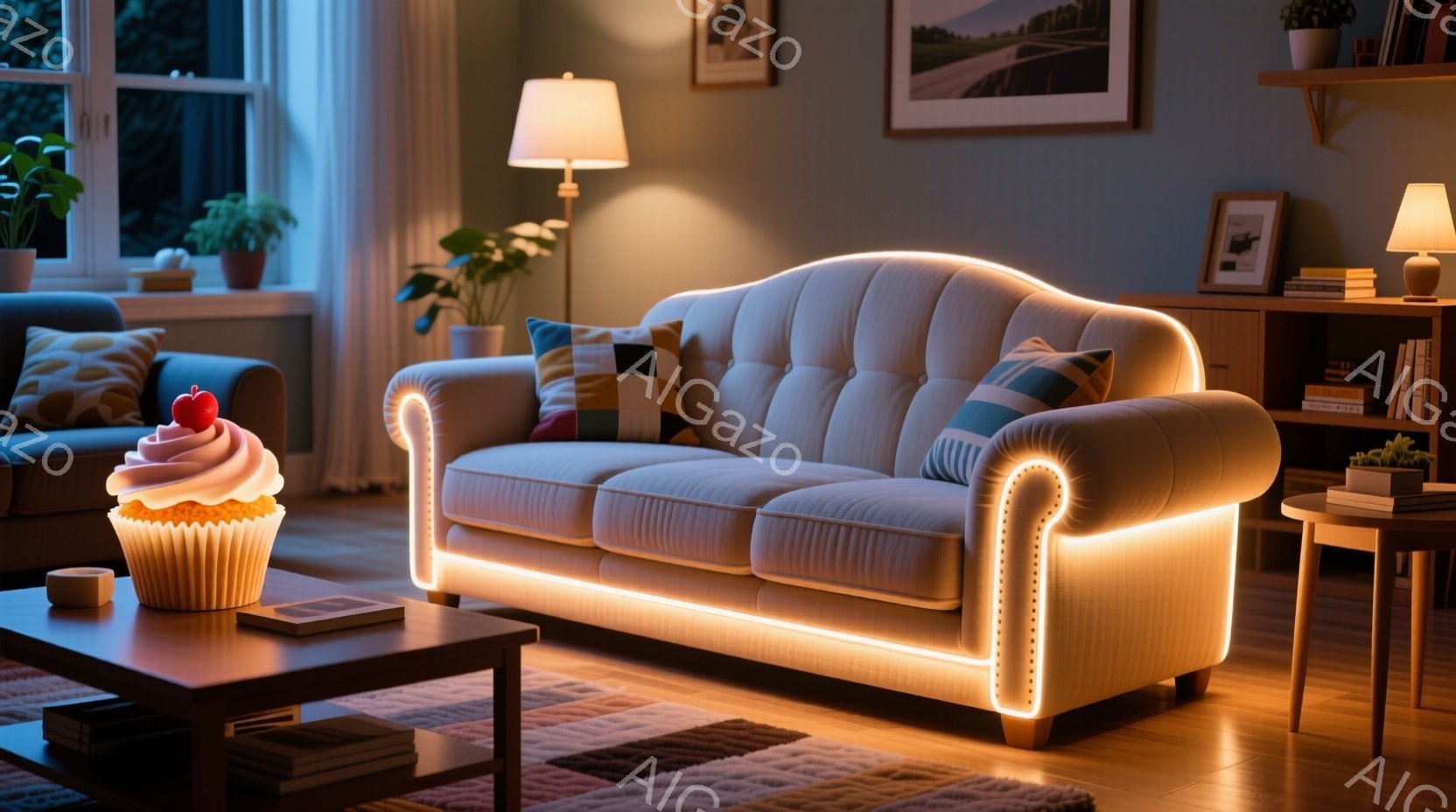 居心地の良いリビングルームには、明るいオレンジ色の照明で縁取られた、オフホワイトのベルベットのソファが置かれています。小さなテーブルの上には本とカップケーキがあり、背景には植物や絵画が飾られた本棚が見えます。全体的に、暖かく、穏やかで、くつろげる雰囲気です。