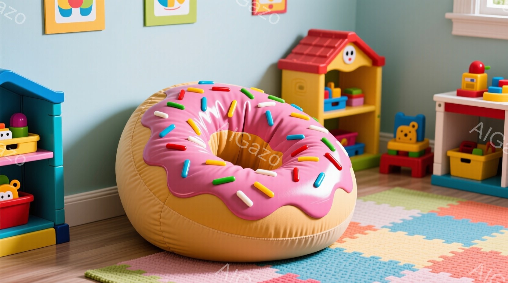 明るい子供部屋で、ピンク色のアイシングとカラフルなスプリンクルが施されたドーナツ型のパフチェアが中央に置かれています。背景にはおもちゃの収納棚や子供用の机があり、パステルカラーのプレイマットが床に敷かれています。全体的に、遊び心があり、温かみのある雰囲気の部屋です。