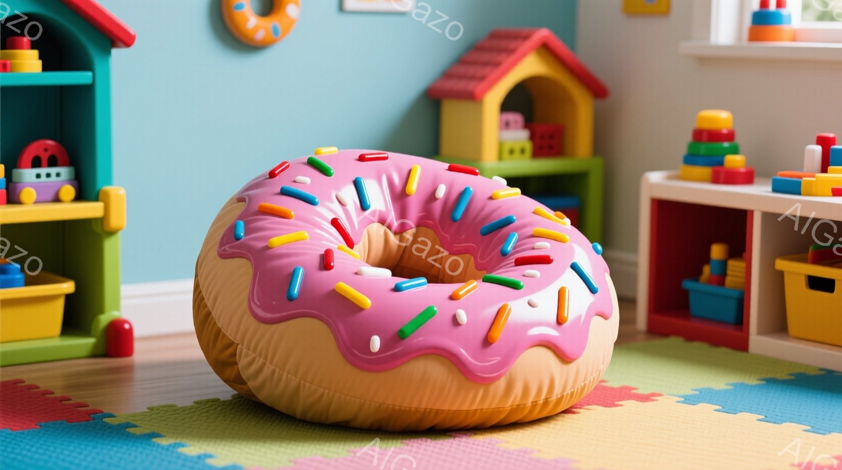 明るい色のプレイマットの上に、大きなドーナツ型の座席が置かれています。背景には子供用の収納棚や家型のオブジェがあり、おもちゃが整理整頓されています。全体的にカラフルで遊び心にあふれた、子供部屋の雰囲気です。