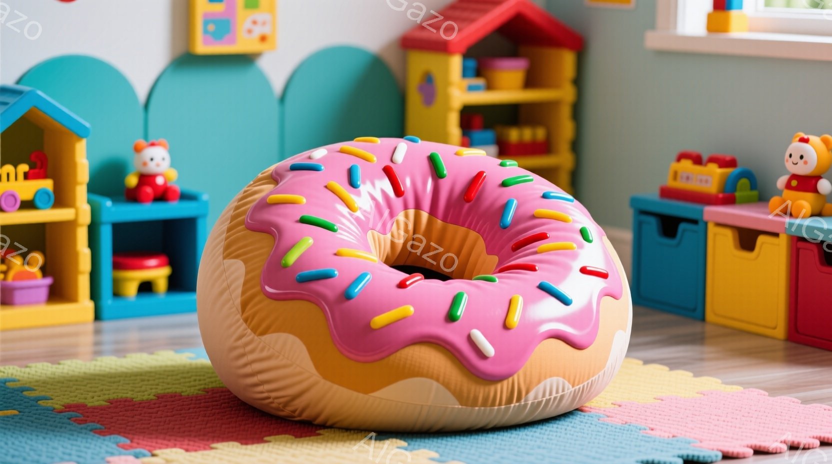 明るい色のパズルマットの上に、ピンク色のアイシングとカラフルなスプリンクルが施されたドーナツ型のクッションが置かれています。背景には、青、黄、オレンジ色の子供用のおもちゃの収納棚や、可愛らしいキャラク - AI生成フリー素材