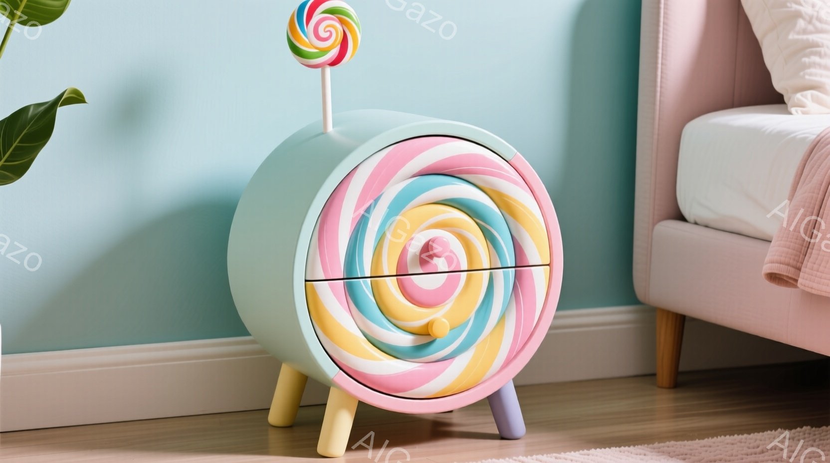 明るいターコイズブルーの壁の前には、キャンディのようなカラフルな円錐形のナイトスタンドがあります。ドロワーはピンク、オレンジ、黄色、緑と渦巻き状になっており、まるで大きなキャンディのようになっています。ナイトスタンドは小さな黄色の脚で支えられており、背景には木製のフローリングとピンクのベッドの一部が見え、遊び心があり、甘い雰囲気を醸し出しています。