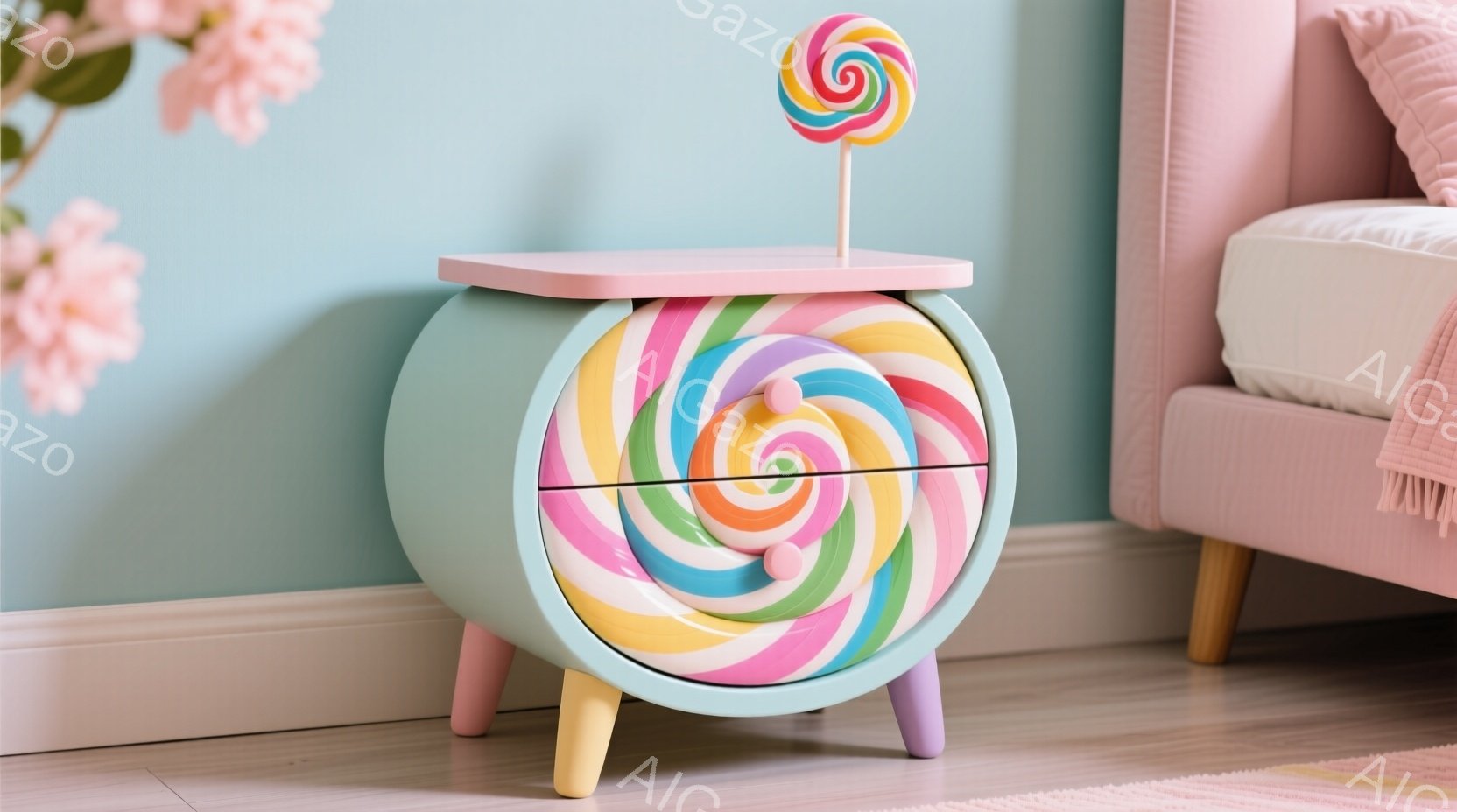 キャンディーのようなデザインの、丸いナイトスタンドが写っています。パステルカラーの渦巻き模様が特徴で、可愛らしいピンク色の脚がついています。背景には薄い水色の壁と、フリンジがついたピンク色のソファの一部が見え、全体的に甘くて夢のような雰囲気です。