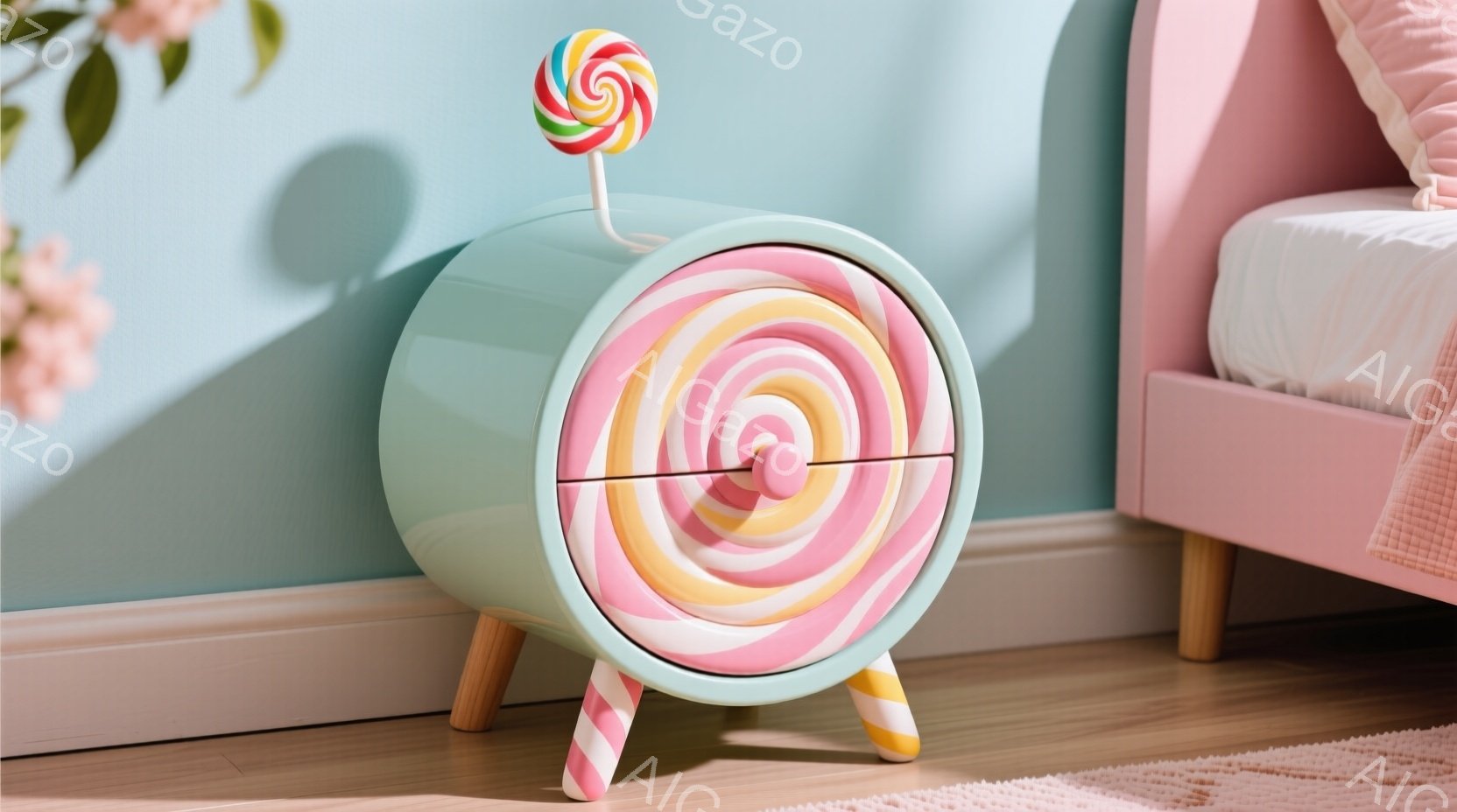 ターコイズブルーの丸いナイトスタンドが、明るいストライプ模様の引き出しとキャンディの飾りが印象的です。木製の脚が可愛らしいアクセントとなり、背景にはパステルピンクのベッドと柔らかな光が差し込む室内が広 - AI生成フリー素材
