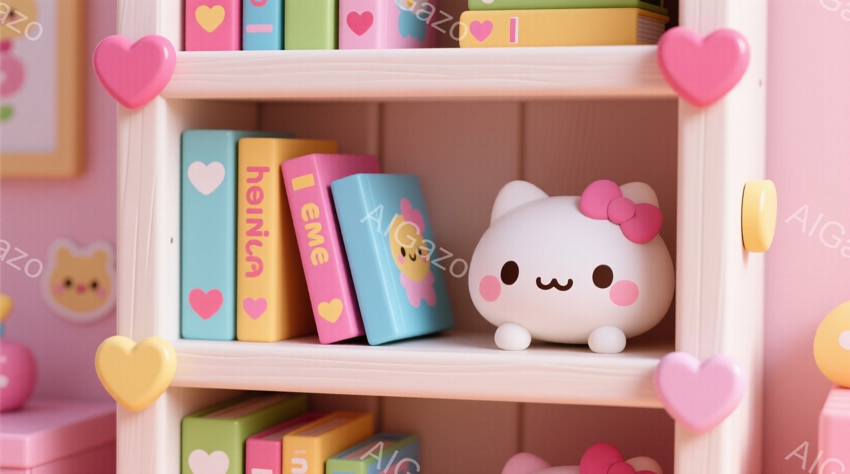 白い本棚には、様々な色の本が並べられています。一番上には、ピンク色のふわふわしたウサギのようなキャラクターが座っており、丸い黒い瞳と微笑みを浮かべています。背景は淡いピンク色で、可愛らしいハート型の装飾が棚の周りに散りばめられており、全体的に甘く、優しい雰囲気です。