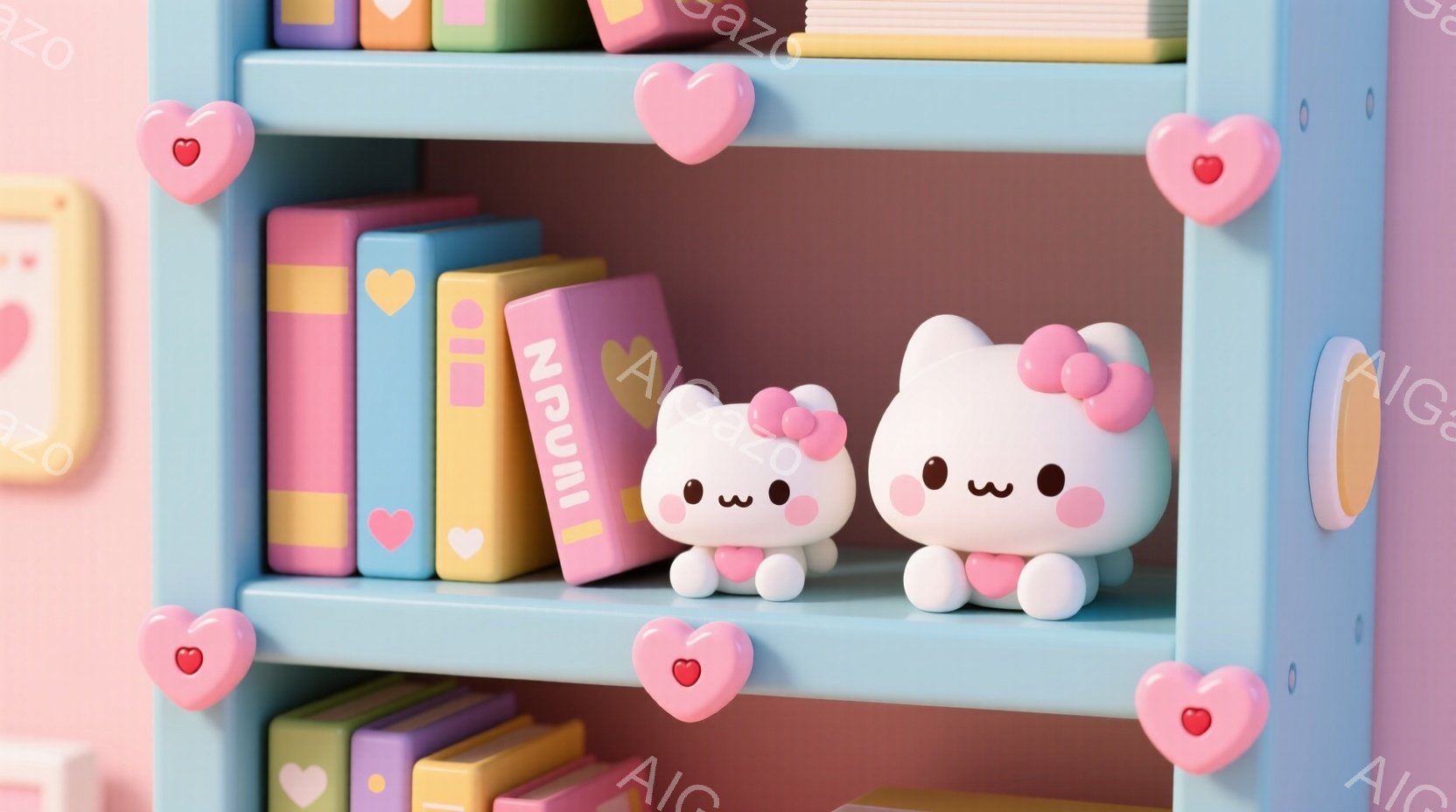 明るい水色の棚に、二匹の可愛らしいキティちゃんが並んで立っています。ピンクの服を着て、それぞれ愛らしい表情を浮かべ、頭には小さなリボンをつけています。背景には、様々な色の本が積み重ねられ、ピンク色のハートの装飾が棚の各段に配置され、全体的にパステルカラーで可愛らしい雰囲気を醸し出しています。
