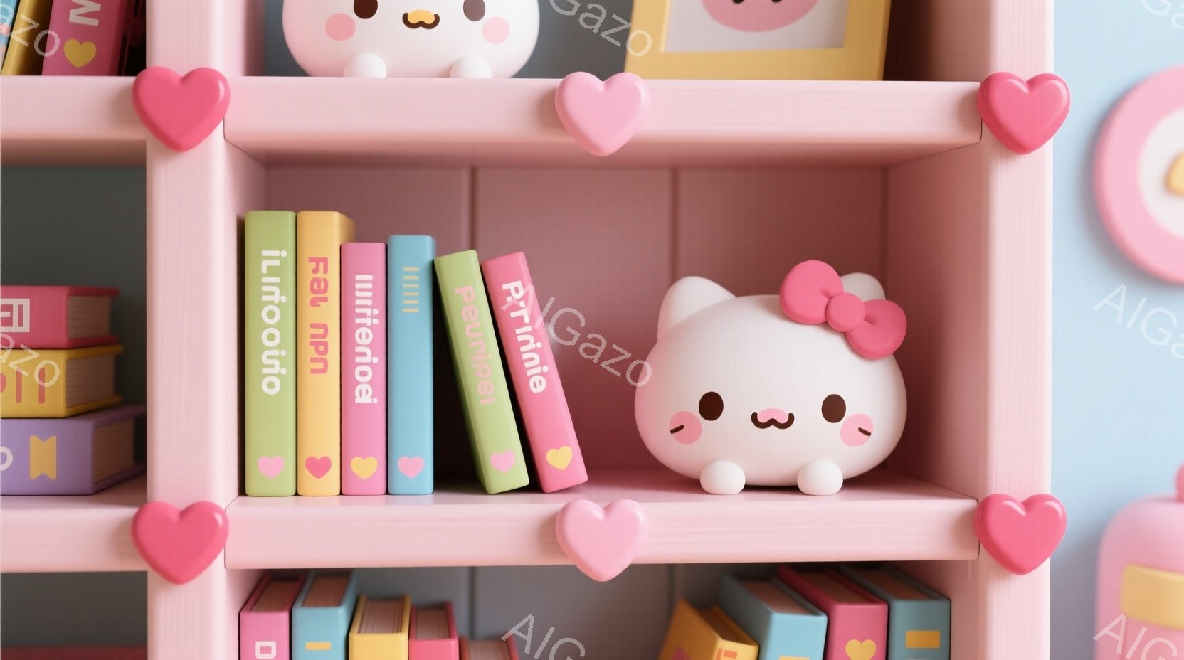 ピンク色の本棚にカラフルな本が並べられています。一番上には、リボンをつけた白い猫のぬいぐるみが置かれており、可愛らしい表情をしています。全体的にパステルカラーで統一され、温かく、夢のような雰囲気です。