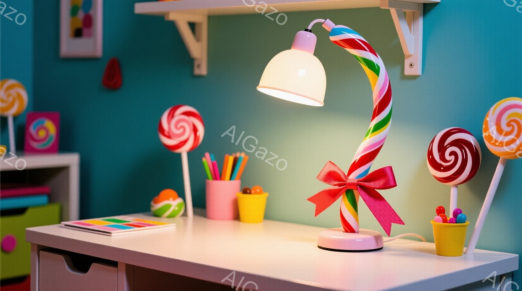 明るいピンクと赤のストライプが印象的なキャンディ型のデスクランプが、白い机の上に置かれています。ランプの台座にはピンクのリボンが結ばれており、周囲にはカラフルな棒付きキャンディや文房具が散りばめられて - AI生成フリー素材
