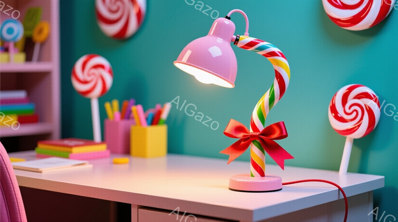 明るい緑色の壁を背景に、キャンディを模したデスクランプが白い机の上に置かれています。ランプはピンク、赤、緑のストライプで、リボンで飾られており、周りにはカラフルな文房具やキャンディのイラストが配置され - AI生成フリー素材