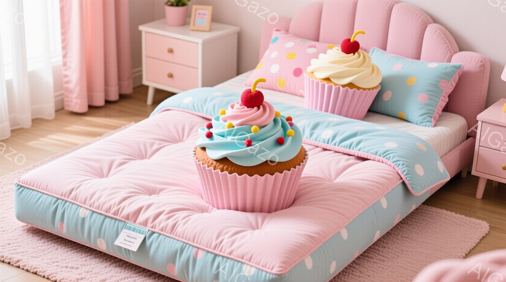 明るいピンクと水色のドット模様のベッドの上に大きなカップケーキの枕が置かれています。背景には、クリーム色の家具と薄いピンクのカーテンが見え、可愛らしい雰囲気の子供部屋のようです。全体的に柔らかい色調で、暖かく、甘い雰囲気が漂っています。