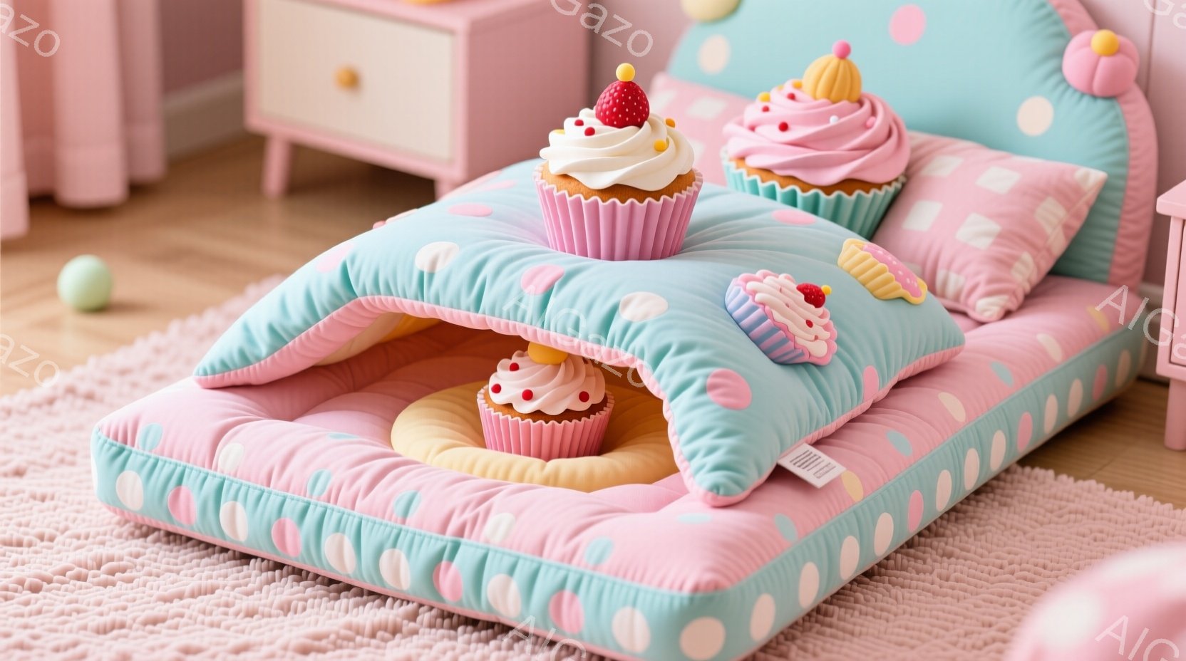 明るいピンクと水色のドット柄が特徴的な、小さなペット用ベッドです。ベッドの上には、クリームとイチゴがトッピングされたキュートなカップケーキの形をした枕がいくつか置かれており、可愛らしい雰囲気を醸し出しています。背景には、ぼやけたピンク色の家具が見え、全体的に甘くて夢のような空間を表現しています。