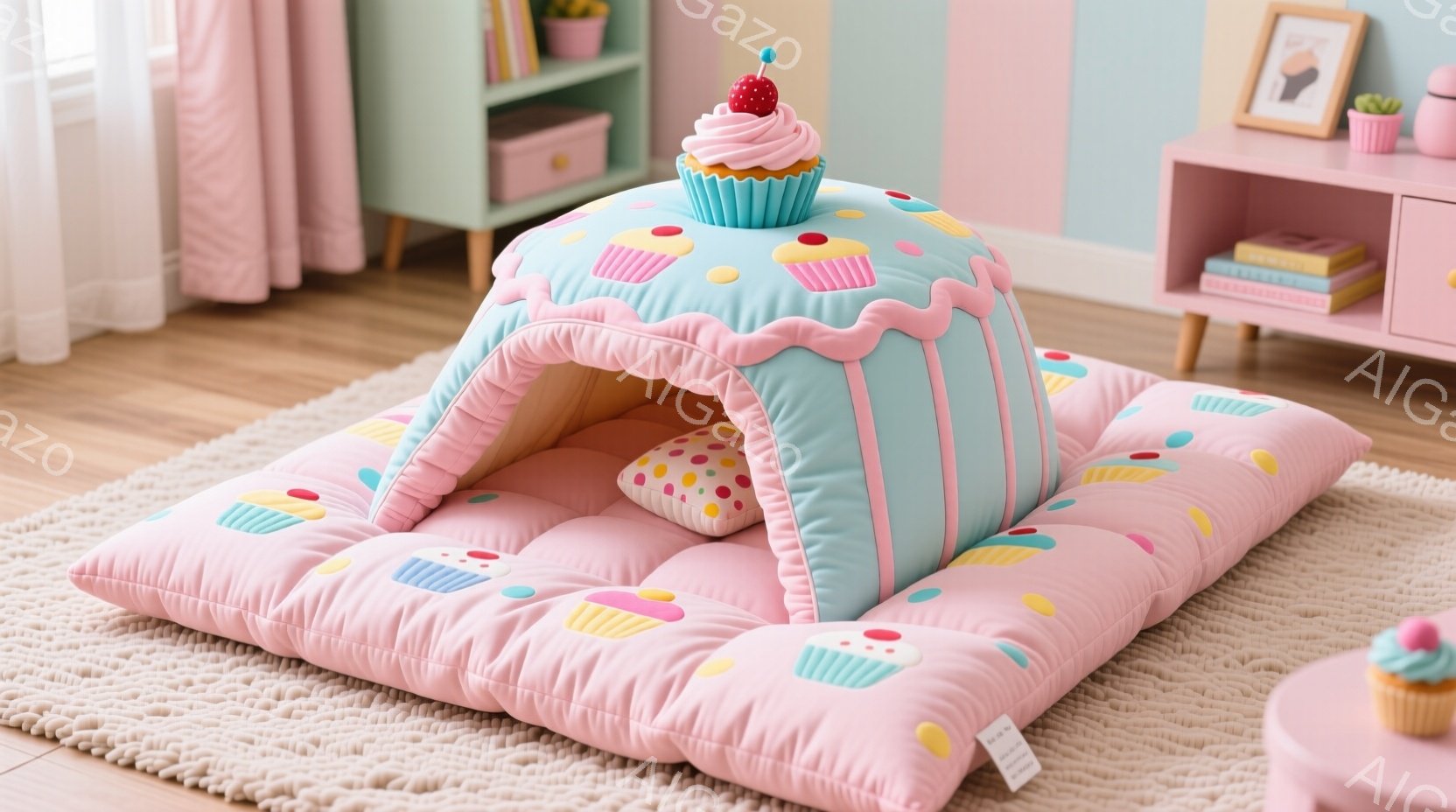 明るいピンク色の背景に、カップケーキを模したペット用ベッドが置かれています。ベッドは水色のクリームと赤いチェリーで飾られ、全体的に可愛らしい雰囲気を醸し出しています。背景には、薄いピンク色のキャビネットや、小さな椅子が見え、子供部屋のような暖かく優しい空間を演出しています。