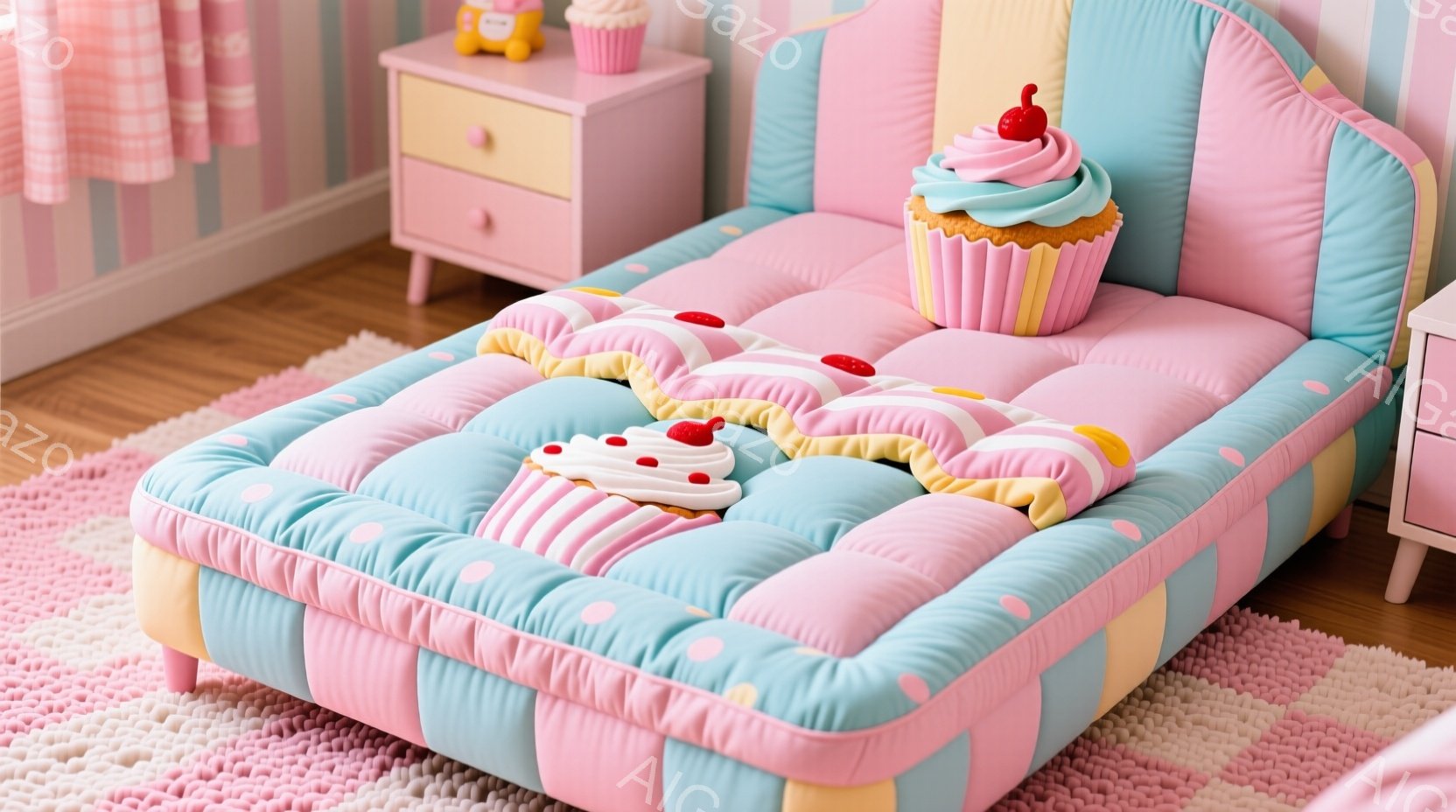 明るいピンクと水色のストライプの壁紙が印象的な部屋の一角に、まるで巨大なカップケーキのようなベッドが置かれています。ベッドは、ピンク、水色、黄色、クリーム色のパステルカラーで構成され、ベッドの上にはさらにカップケーキ型のクッションが飾られています。全体的に甘くて夢のような、子供らしい雰囲気が漂っています。