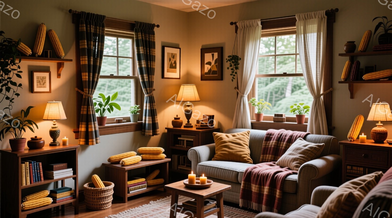 暖炉のない居間には、窓から差し込む柔らかな光が、落ち着いた雰囲気を醸し出しています。素朴な木製の家具と、かぼちゃや植物などの自然の要素が、温かさとリラックスした空間を作り出しています。キャンドルの光が暖かく、穏やかな時間を過ごせる空間を演出しています。