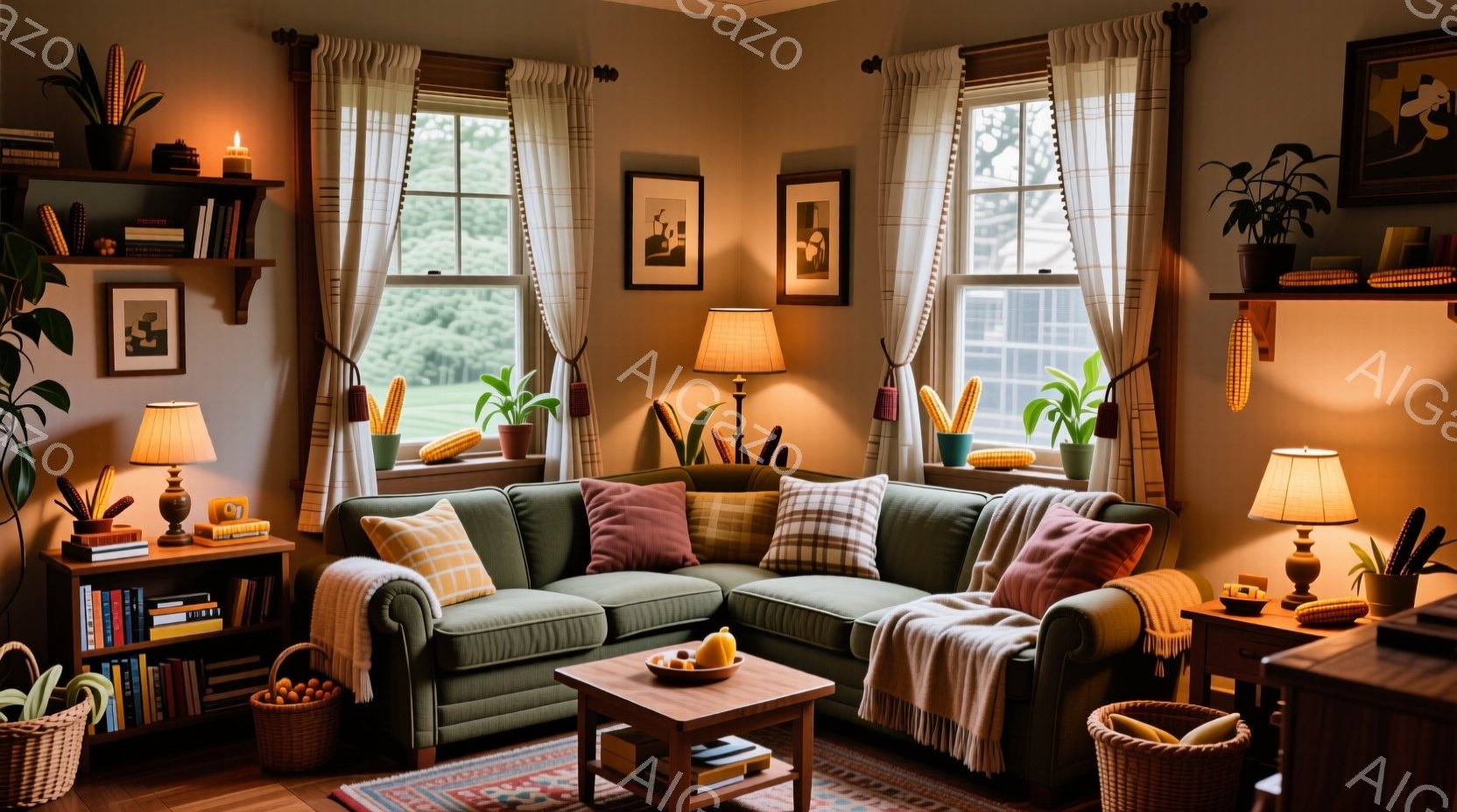 暖炉のない居間には、緑色のソファと木製のコーヒーテーブルがあり、その上には果物が置かれています。窓からは緑豊かな風景が見え、部屋には植物や本棚が配置され、温かみのある照明が灯っています。全体的に、秋ら - AI生成フリー素材
