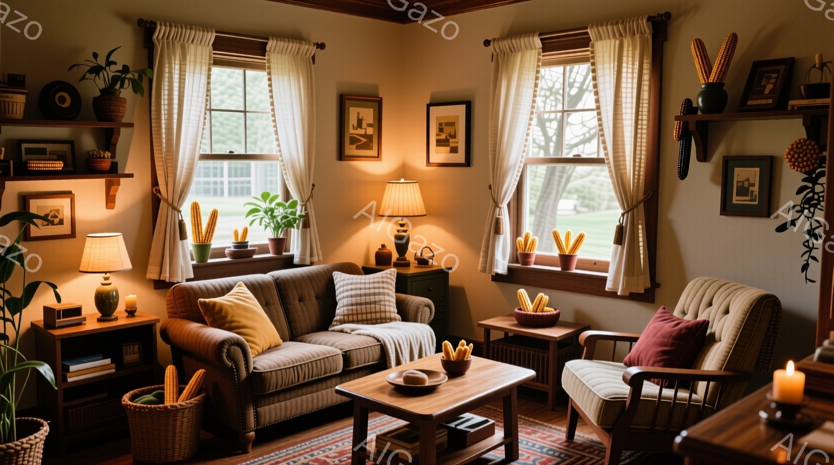 居心地の良いリビングルームで、暖色系の照明が柔らかく照らされています。窓からは緑豊かな庭が見え、部屋全体に落ち着いた雰囲気が漂っています。暖炉や植物、装飾品がアクセントとなり、秋らしさや温かさを感じさ - AI生成フリー素材