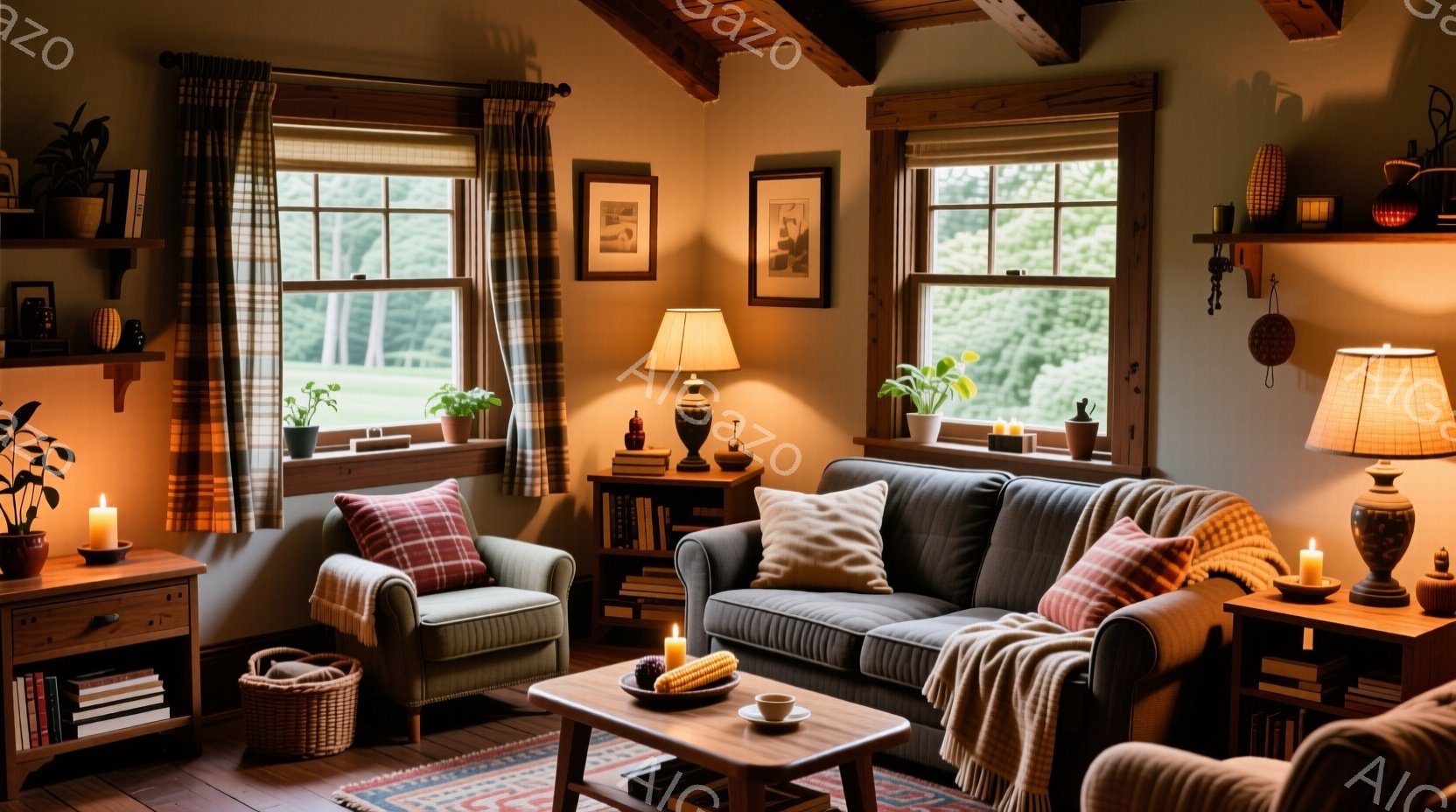 温かみのあるリビングルームで、グレーのソファとアームチェアが置かれ、チェック柄のブランケットが優しくかけられています。窓からは緑豊かな自然が見え、部屋全体が柔らかな光に包まれています。キャンドルや木製 - AI生成フリー素材