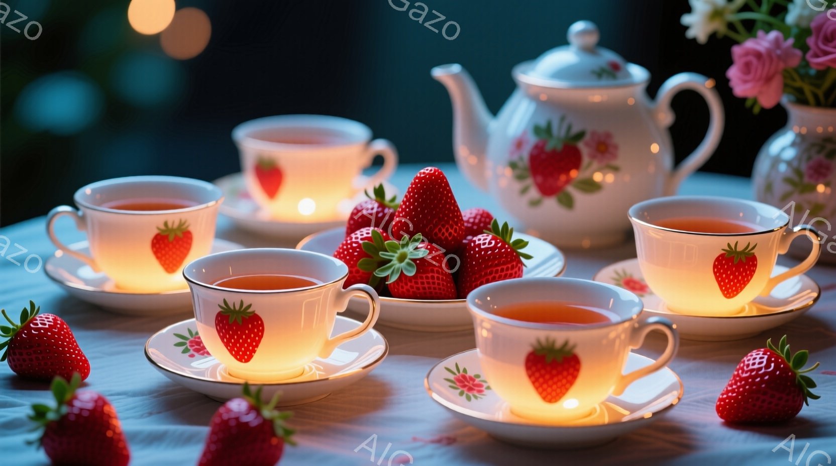 白いテーブルクロスの上に、いちご柄のティーカップとソーサーが並べられています。カップの中には茶色いお茶が入り、新鮮ないちごが周りに散りばめられています。背景には白いティーポットとピンクの花が飾られ、温 - AI生成フリー素材