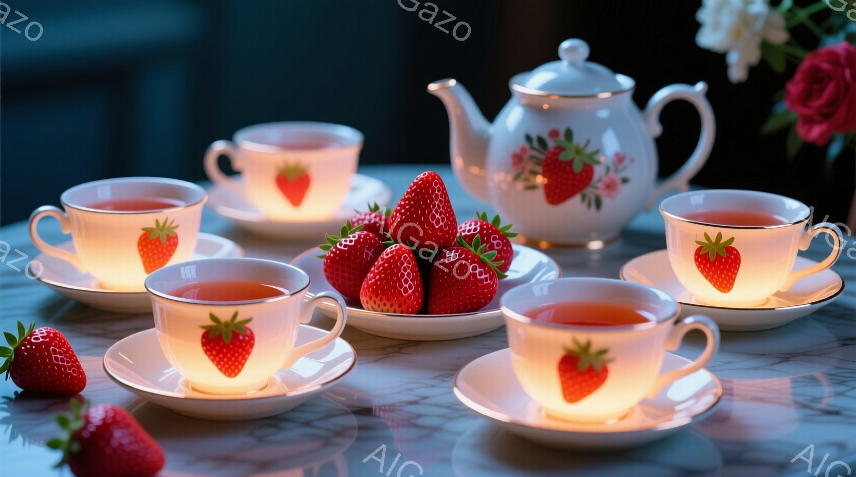 白い大理石のテーブルの上に、イチゴ柄のティーカップとティーポットが並んでいます。カップには温かいお茶が注がれており、イチゴが可愛らしいアクセントになっています。背景にはバラの花が咲き、全体的に優雅で温 - AI生成フリー素材