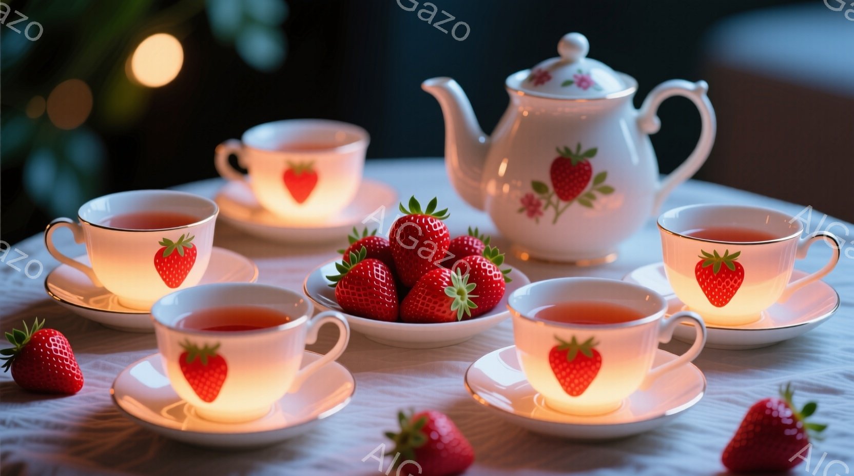白いテーブルの上に、イチゴ柄のティーポットとティーカップが並べられています。ティーカップには赤いお茶が注がれており、テーブルの上には新鮮なイチゴが散りばめられています。全体的に温かみのある、可愛らしい雰囲気が漂っています。