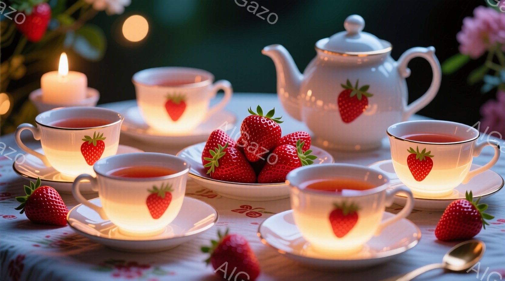 白地に赤い花柄のテーブルクロスが敷かれたテーブルの上には、イチゴ模様のティーカップとティーポットが並べられています。カップにはオレンジ色の紅茶が入っており、テーブルの上には新鮮なイチゴや小さなキャンドルが添えられ、暖かく穏やかな雰囲気を醸し出しています。背景はぼかされており、柔らかな光が全体を包み込み、リラックスしたティータイムの情景を表しています。