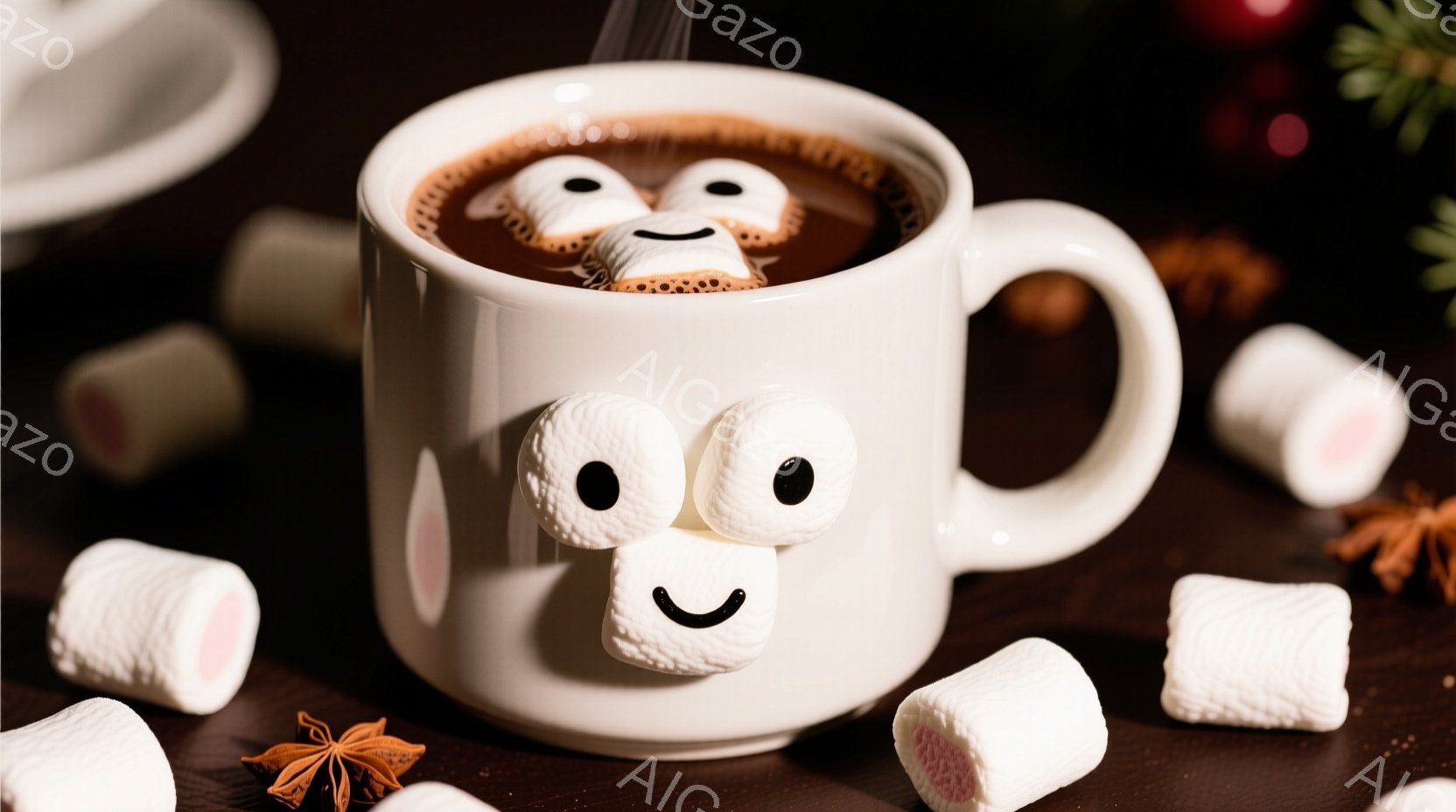 白いマグカップに熱いココアが注がれており、その上に笑顔のマシュマロが浮かんでいます。周りには白いマシュマロと星のようなスパイスが散りばめられ、温かみのある雰囲気を醸し出しています。背景は暗く、まるで冬 - AI生成フリー素材