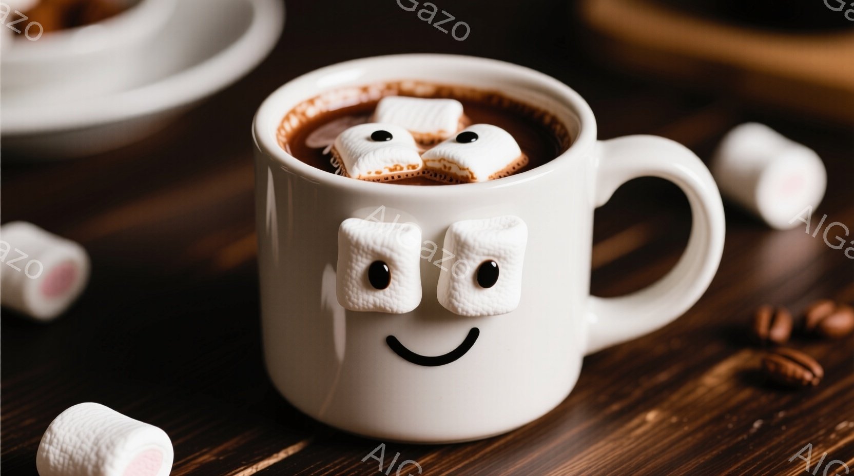 白いマグカップの中にココアが注がれており、マシュマロが顔のように浮かんでいます。マシュマロは目と口の役割を果たし、マグカップに笑顔が表現されています。背景は木製のテーブルで、数個のマシュマロとコーヒー豆が散らばっており、温かくて遊び心のある雰囲気を醸し出しています。