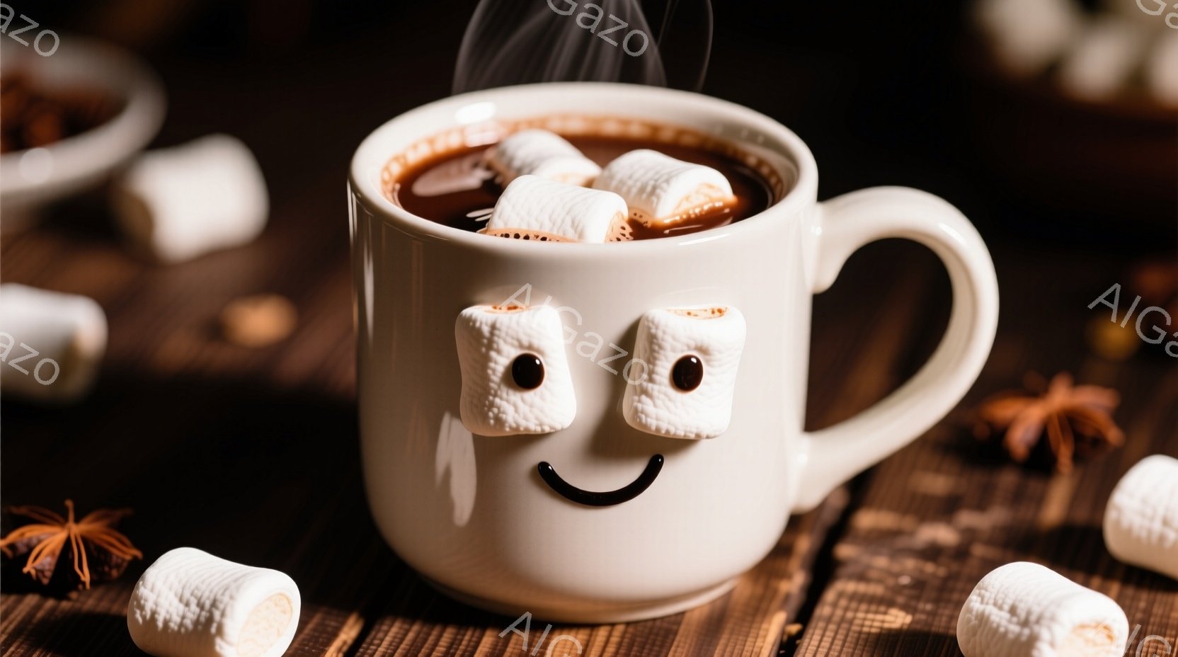 白いマグカップの中に熱いココアが満たされ、その上にマシュマロが浮かんでいます。マシュマロが顔のように配置され、ココアカップが微笑んでいるように見えます。背景は木製のテーブルで、散らばったマシュマロと数個の星形のアニスが暖かく、居心地の良い雰囲気を醸し出しています。