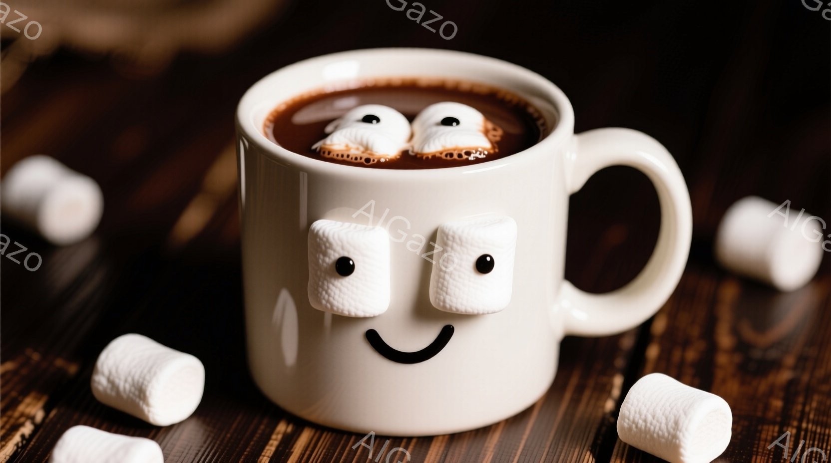 白いマグカップがホットチョコレートで満たされ、マシュマロが浮かんでいます。マシュマロ2つが顔のように配置され、微笑んだ表情を模しています。背景は木目調のテーブルで、他のマシュマロが散らばっており、暖か - AI生成フリー素材