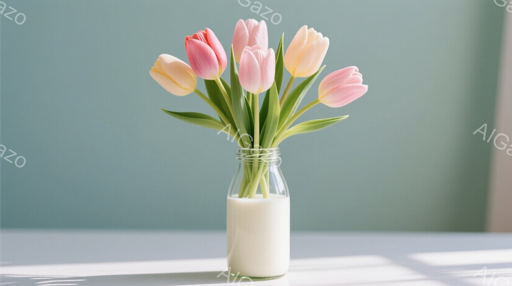 淡いピンクとオレンジ色のチューリップの花束がガラスの瓶に生けられています。白いテーブルの上に置かれ、背景は淡い水色の壁で、柔らかい光が差し込んでいます。全体的に穏やかで優しい雰囲気の静物画です。 - AI生成フリー素材