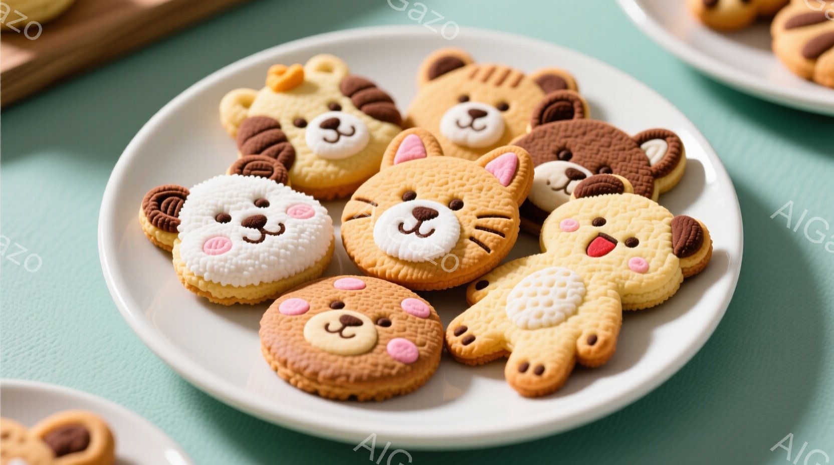 白い皿の上に、様々な動物を模した可愛らしいビスケットが積み重なっています。茶色、黄色、白のクリームでデコレーションされており、それぞれに愛らしい表情が描かれています。背景は薄い水色の単色で、ビスケット - AI生成フリー素材