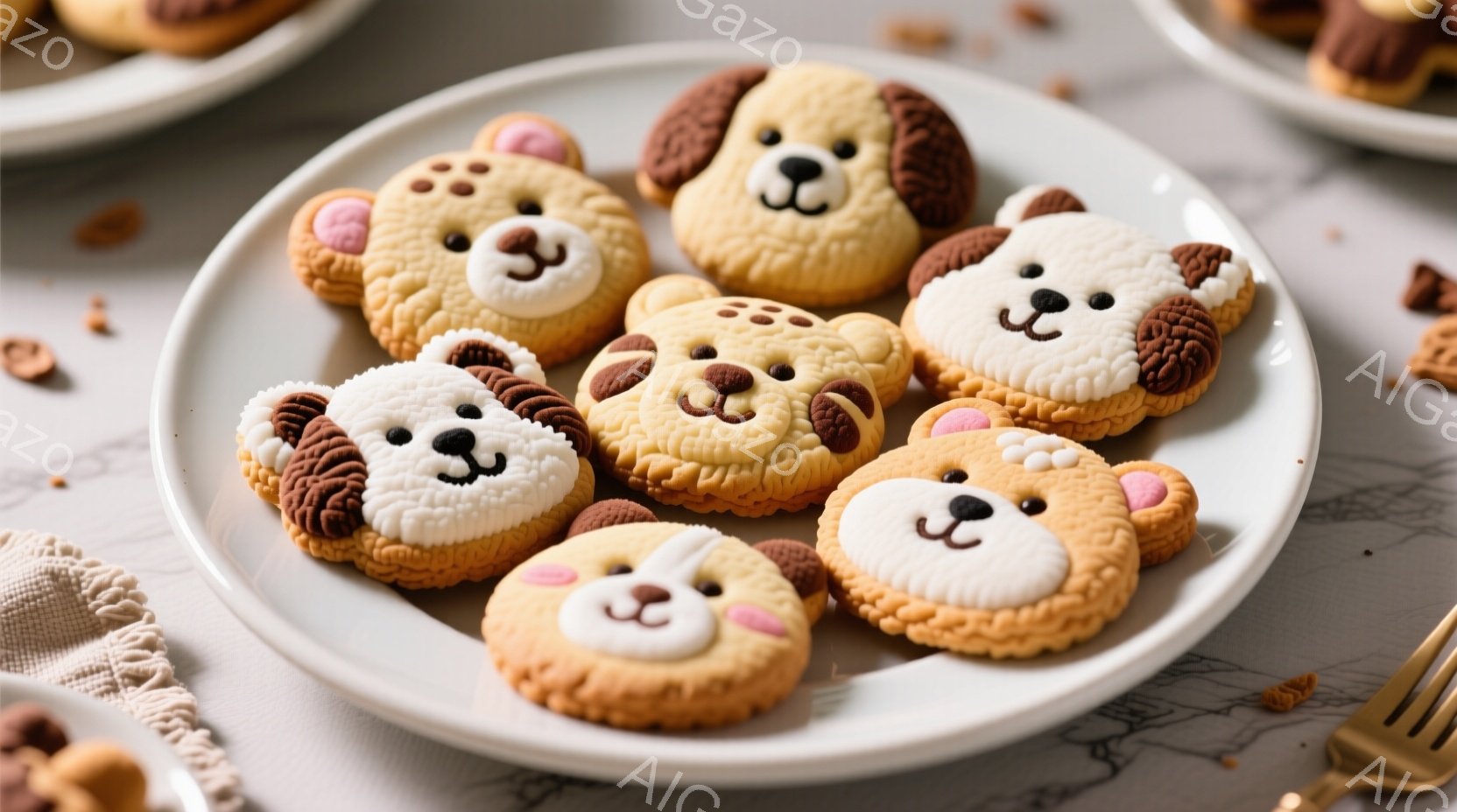 白い皿の上に、様々な色のアイシングで装飾された犬の形をしたクッキーが並んでいます。クッキーは茶色、ベージュ、白などの色合いで、それぞれ愛らしい表情をしています。背景には白い布と、他のクッキーの一部が見 - AI生成フリー素材